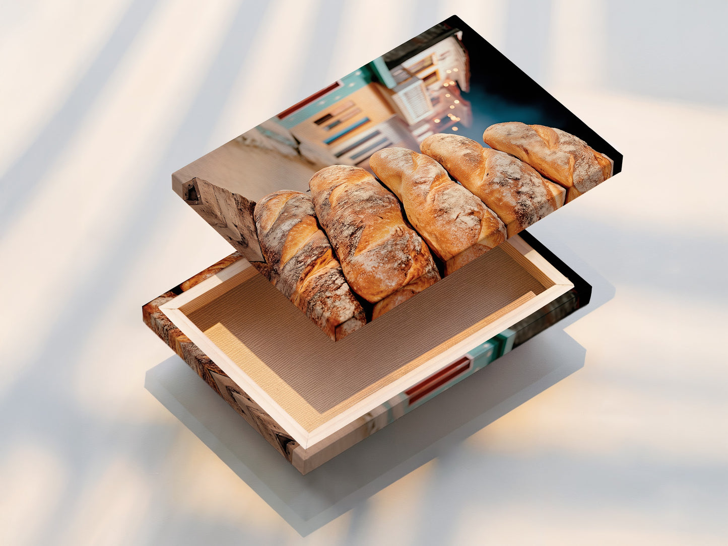 A stretched canvas print showcases the bread artwork. Ready to hang as rustic bakery wall art. This food photography is perfect for kitchen decor. It brings a culinary aesthetic to any space.