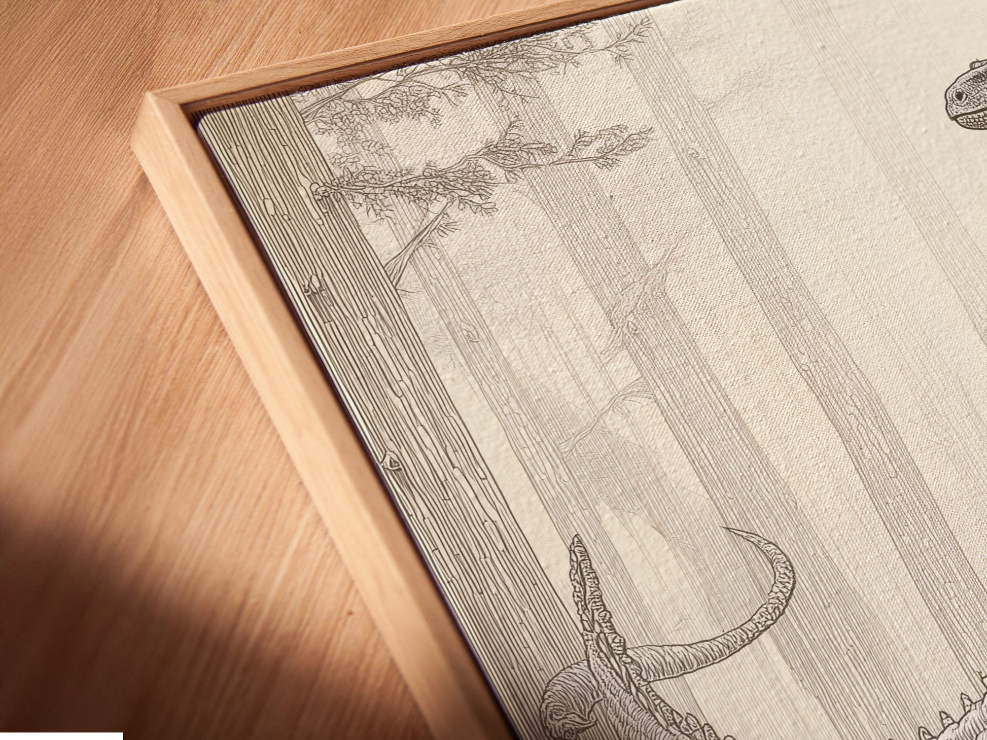 Angled close up shows a canvas print in a floating frame. The floating frame gives the artwork a modern look. It enhances the depth and visual appeal. The canvas texture adds to the artwork's charm.