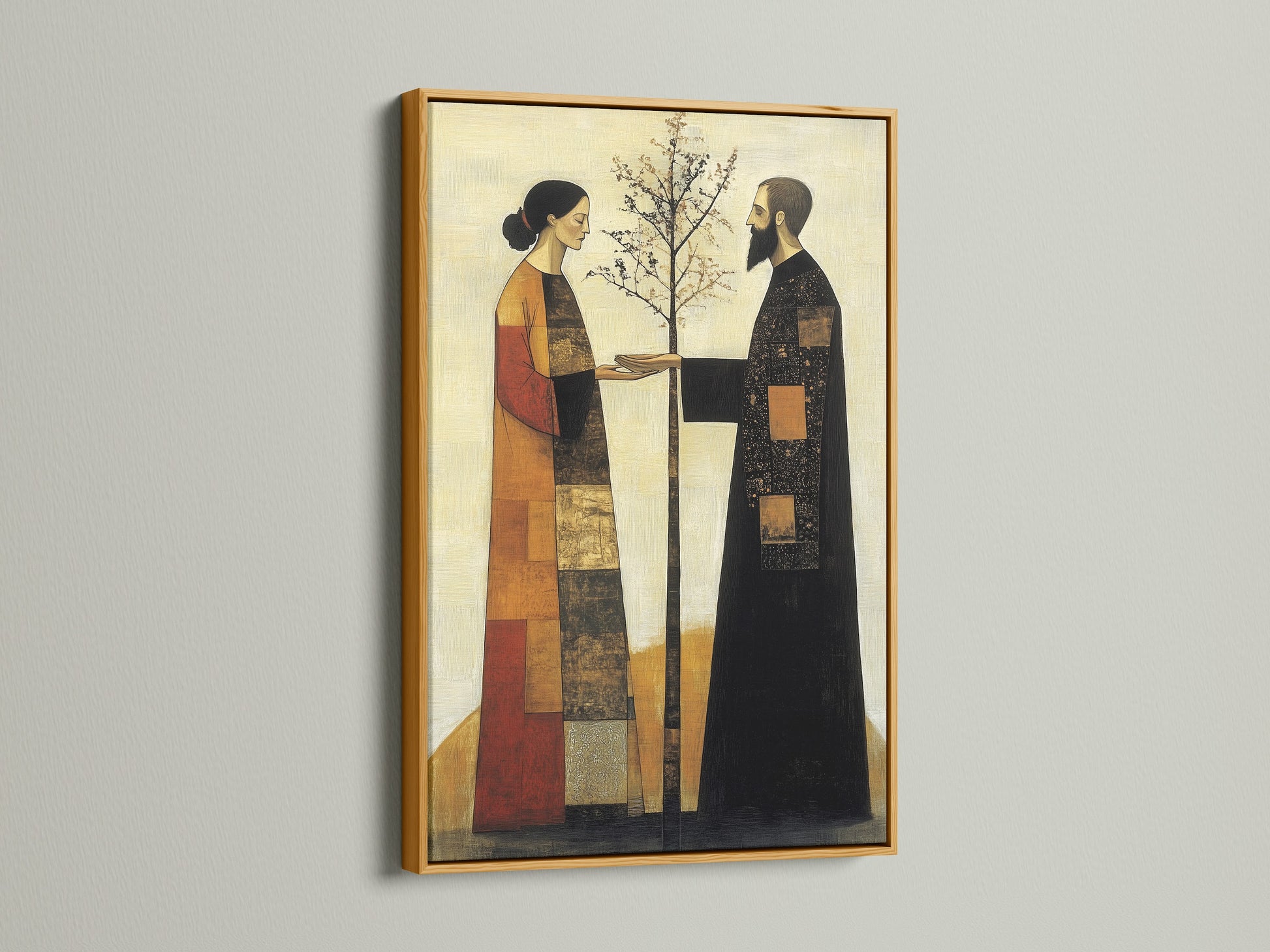 Modern folk art canvas print in a gold frame. The artwork depicts a couple planting a tree. This contemporary print features earthy tones. It is perfect for a bedroom wall or office. The art brings warmth to any interior.