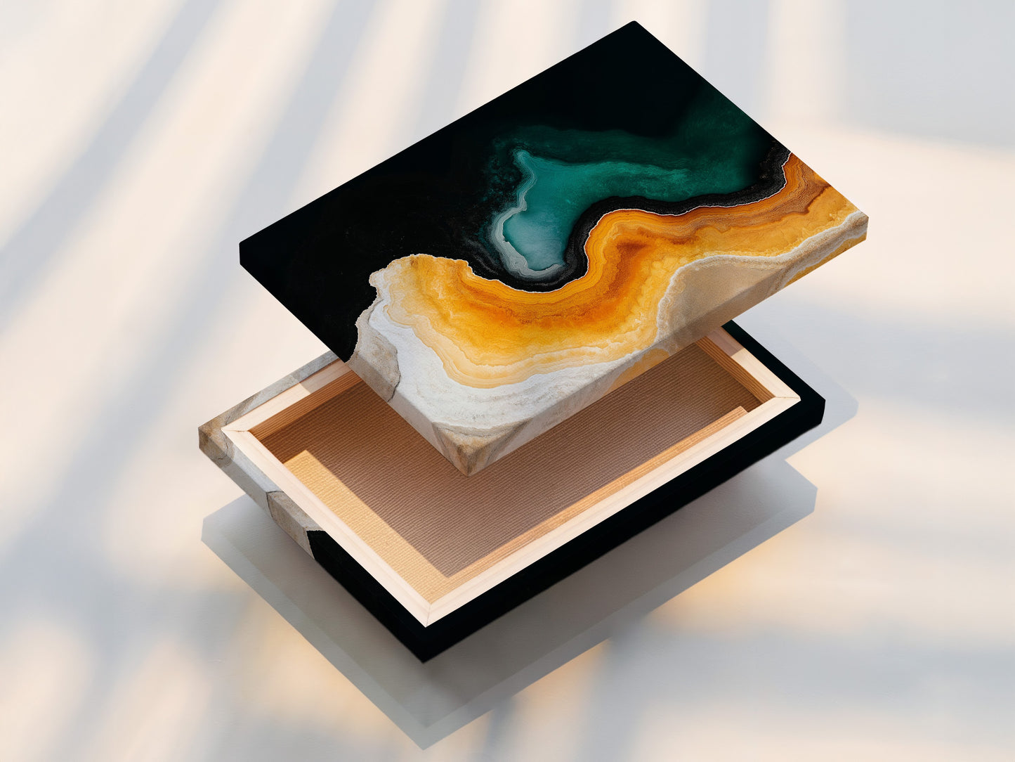 Close-up of a stretched canvas print. The canvas texture enhances the artwork's depth. It brings a tactile quality to the piece. The stretched canvas is ready to hang. This provides a gallery-ready display. The art is ready to be showcased.