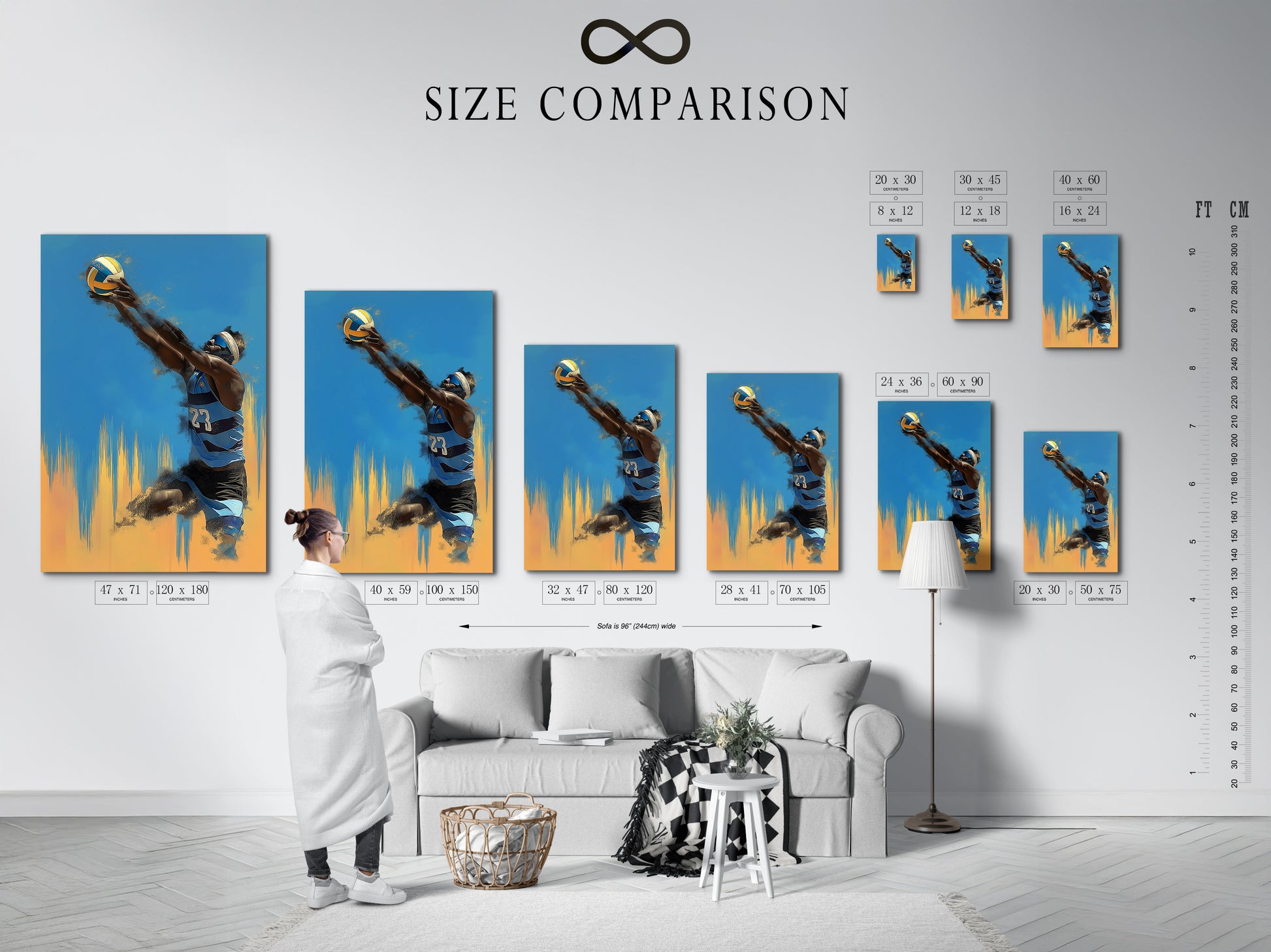 Size comparison chart showing the Volleyball Player Artwork in an interior setting. Visualize the perfect size for your space. Available in various sizes to suit your needs. Find the ideal fit for your wall.