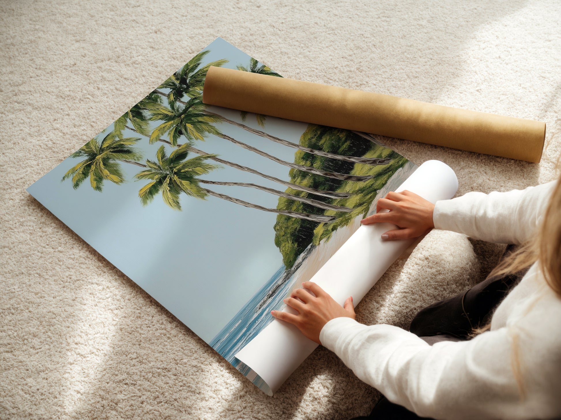 A woman is carefully rolling a fine art poster paper. This poster features a tropical beach scene with palm trees and a boat. This fine art poster paper ensures high quality art. Perfect for adding a coastal touch to your home.