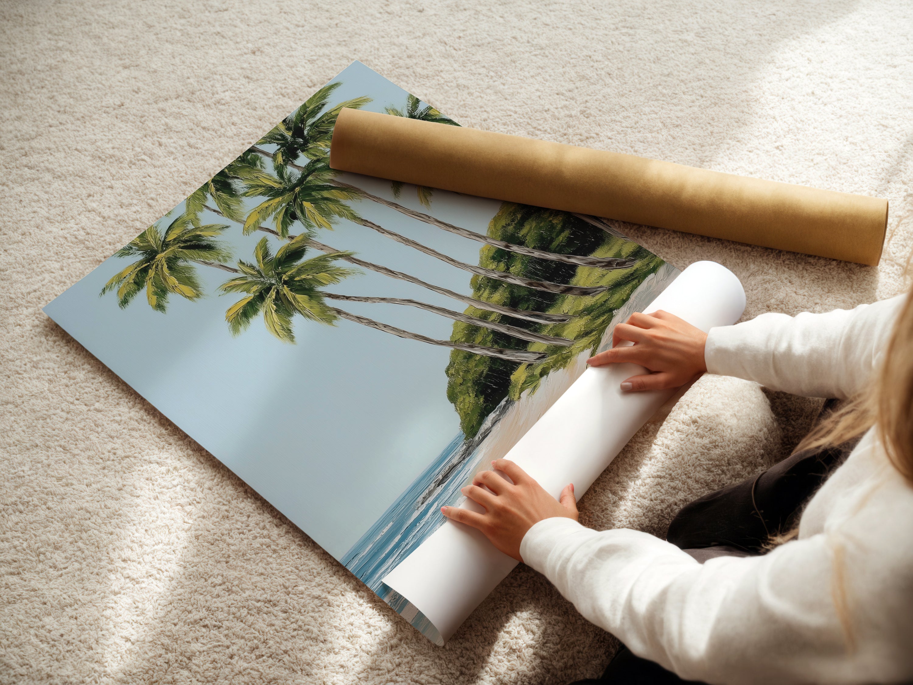 A woman is carefully rolling a fine art poster paper. This poster features a tropical beach scene with palm trees and a boat. This fine art poster paper ensures high quality art. Perfect for adding a coastal touch to your home.