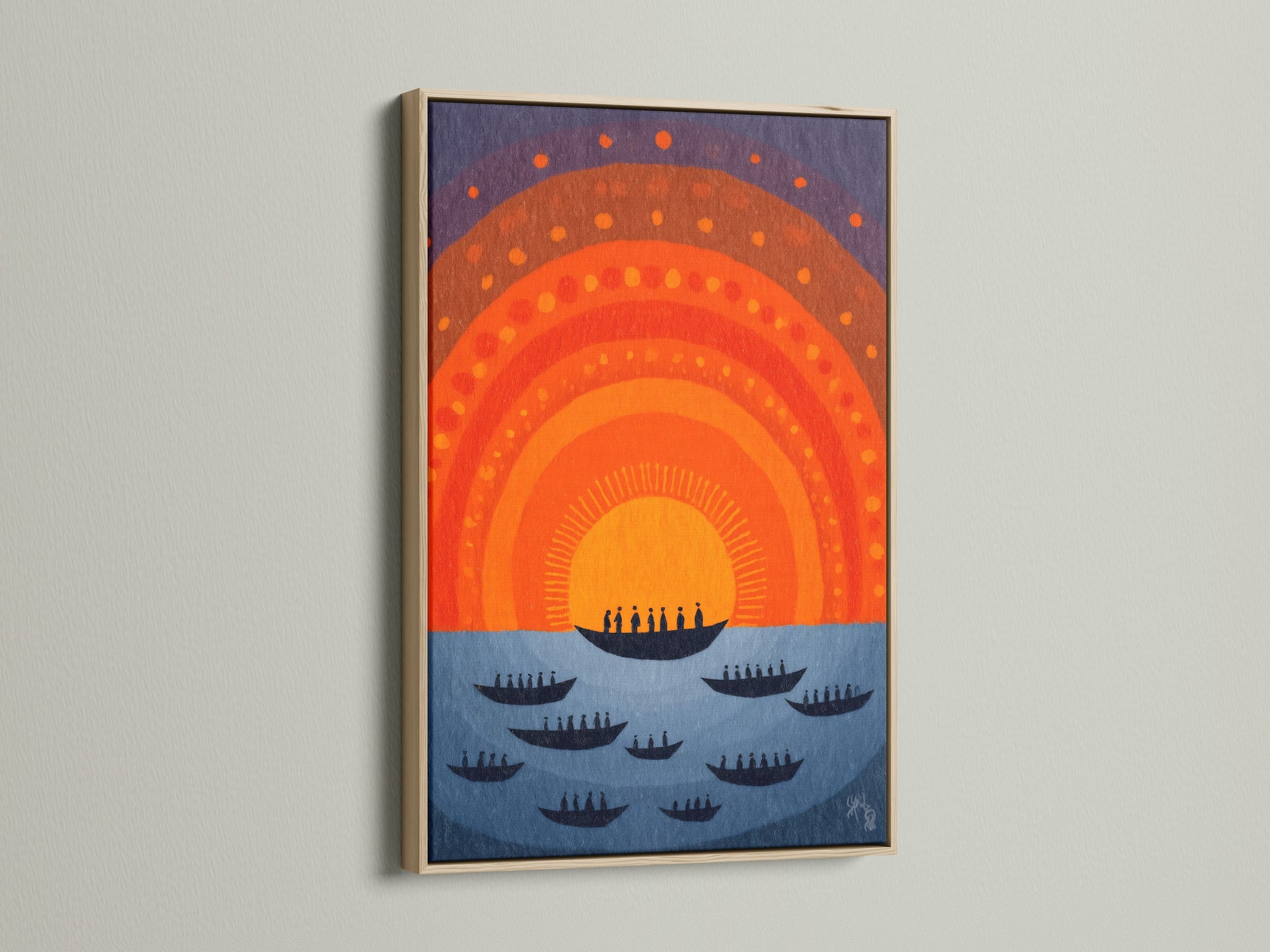 Sunset Boats canvas print in an oak frame.  The orange and blue nautical poster adds a touch of mid-century modern style to any space. This retro wall decor is ideal for living rooms bedrooms or offices.