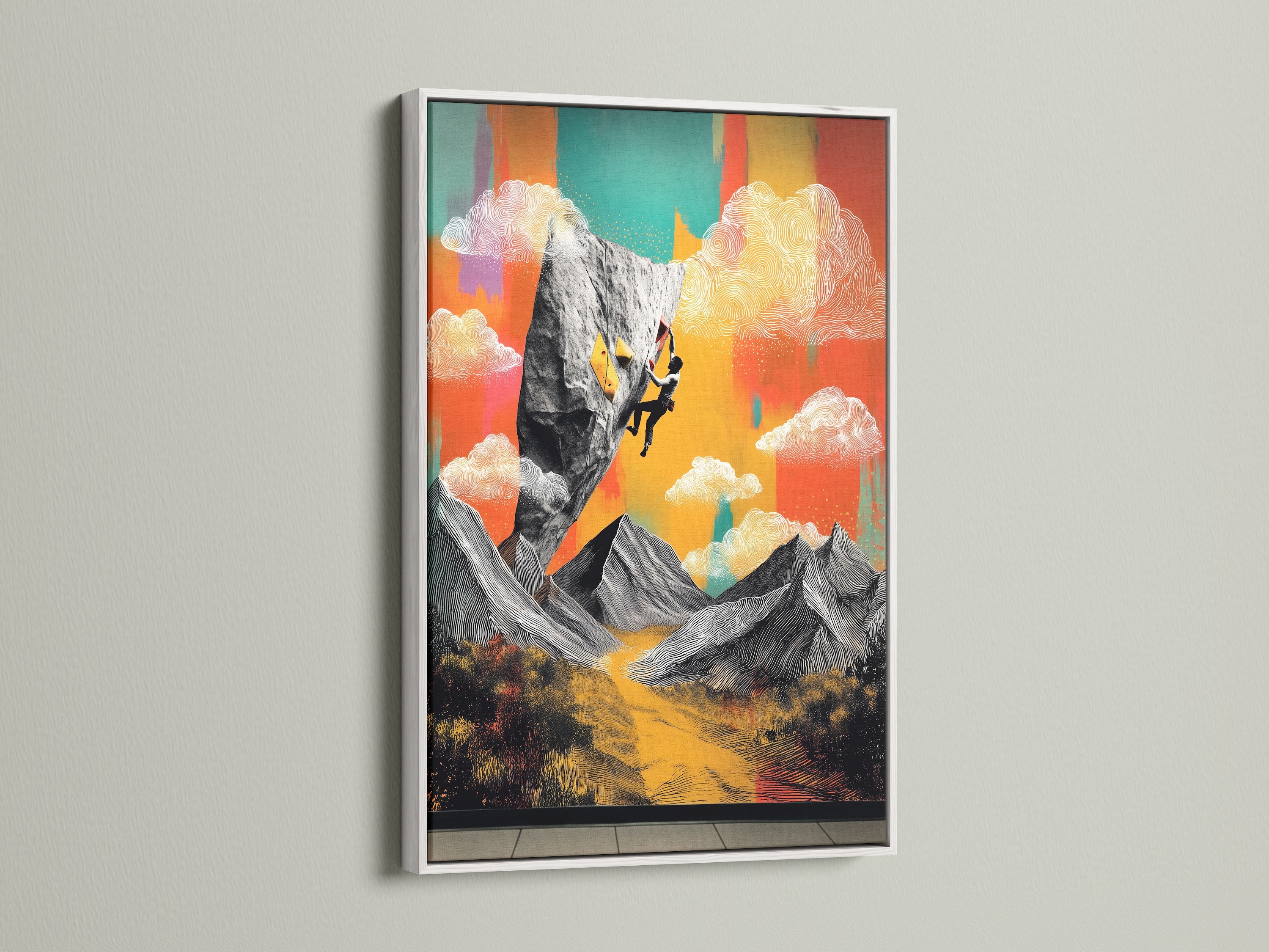 Rock climbing art displayed in a white frame. The white frame offers a clean modern look. The artwork features a dynamic mountain climbing scene. Elevate your interior with this framed art.