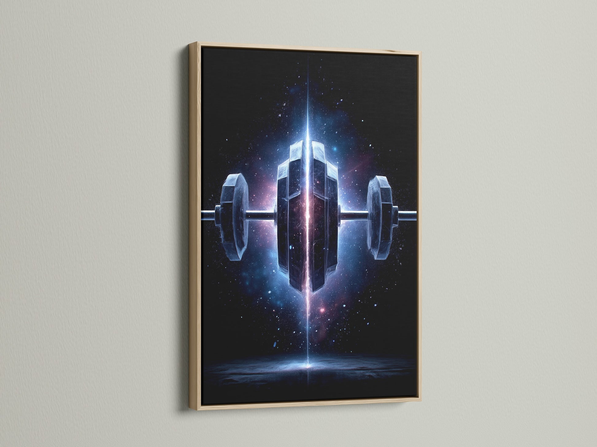 A close-up of the Cosmic Dumbbell art. The print is in an oak frame. Ideal for home gym wall art. The space fitness print features blue and black colors. Bring motivation to your personal training facility decor.
