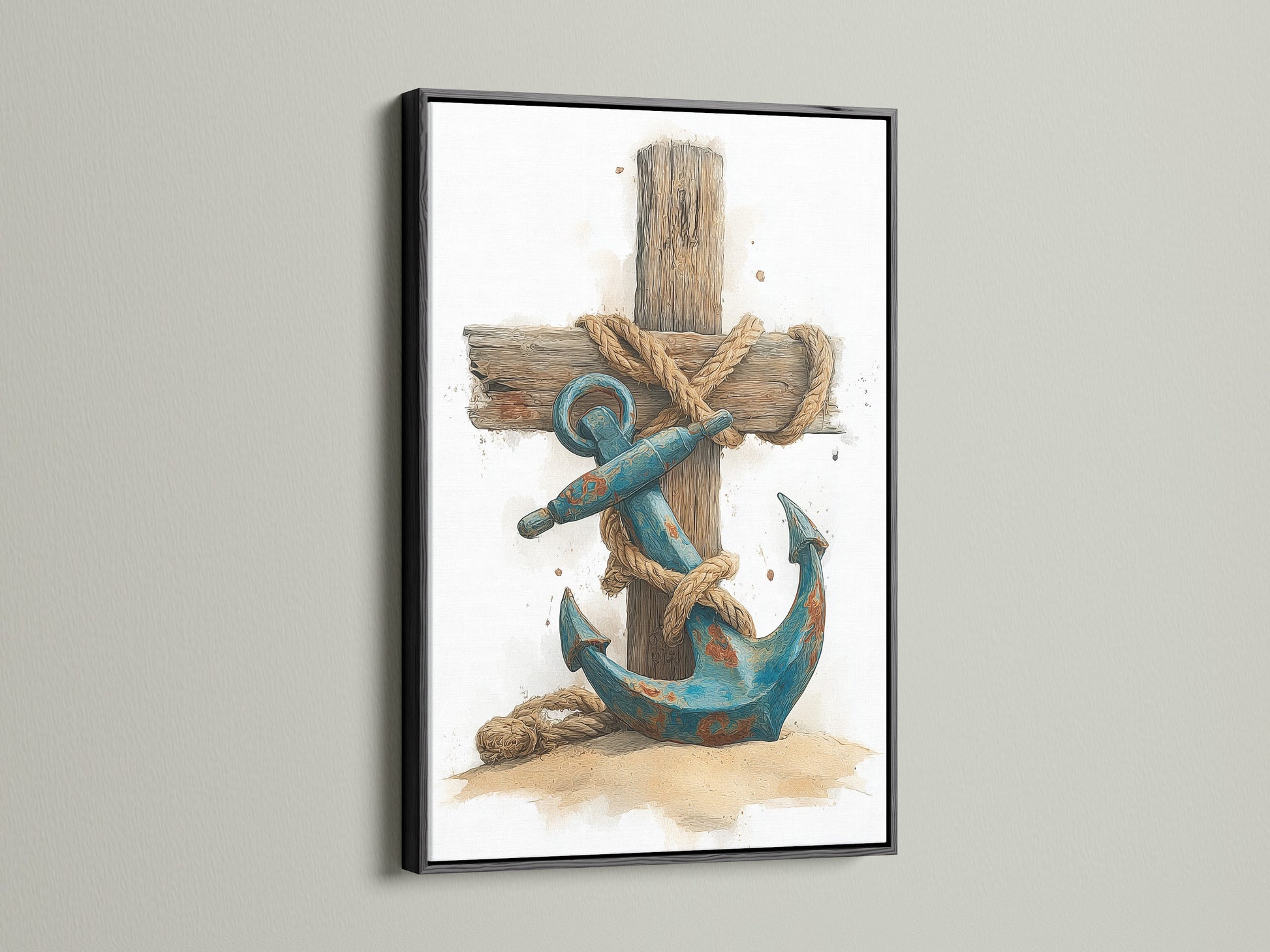 A framed art print in a sleek black frame. The artwork showcases a blue anchor. It is wrapped in rope against a wooden cross. The black frame adds sophistication. It creates a striking contrast. This piece elevates your wall decor.