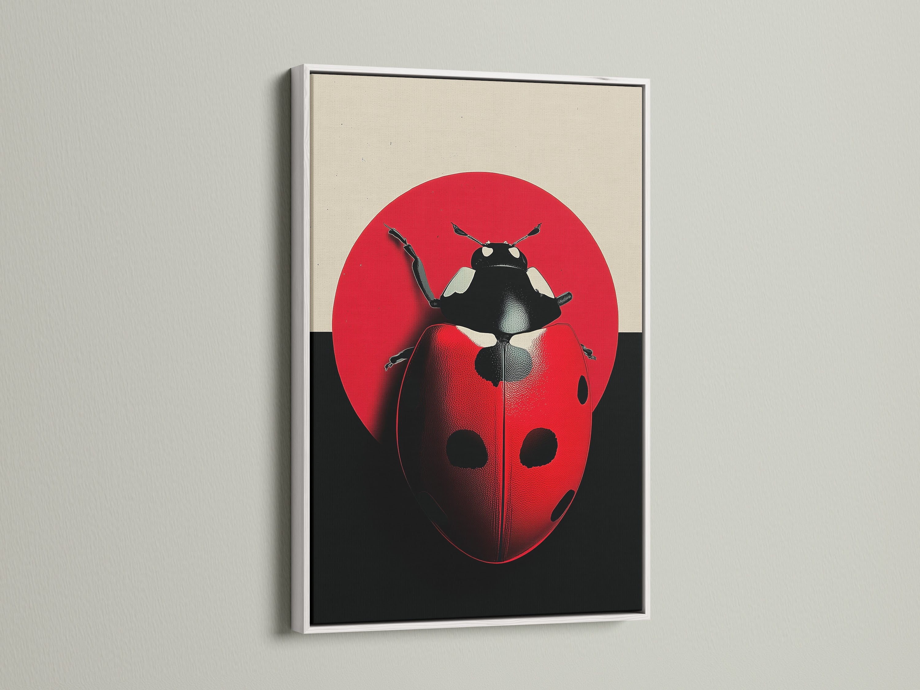 A white frame accentuates the ladybug artwork. This modern art print is perfect for a playroom. The red insect canvas adds a vibrant touch to kids' wall decor. This lucky charm artwork brings a contemporary style.