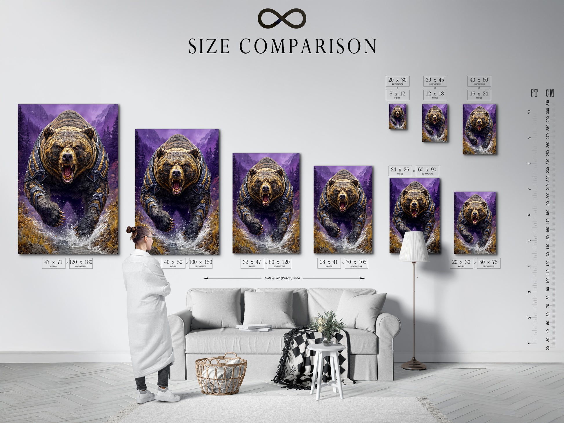 Size comparison chart displayed in an interior setting featuring the Grizzly Bear artwork. Fantasy wildlife art of a bear in armor with purple mountains. Visualize the perfect size for your man cave or adventure themed room.