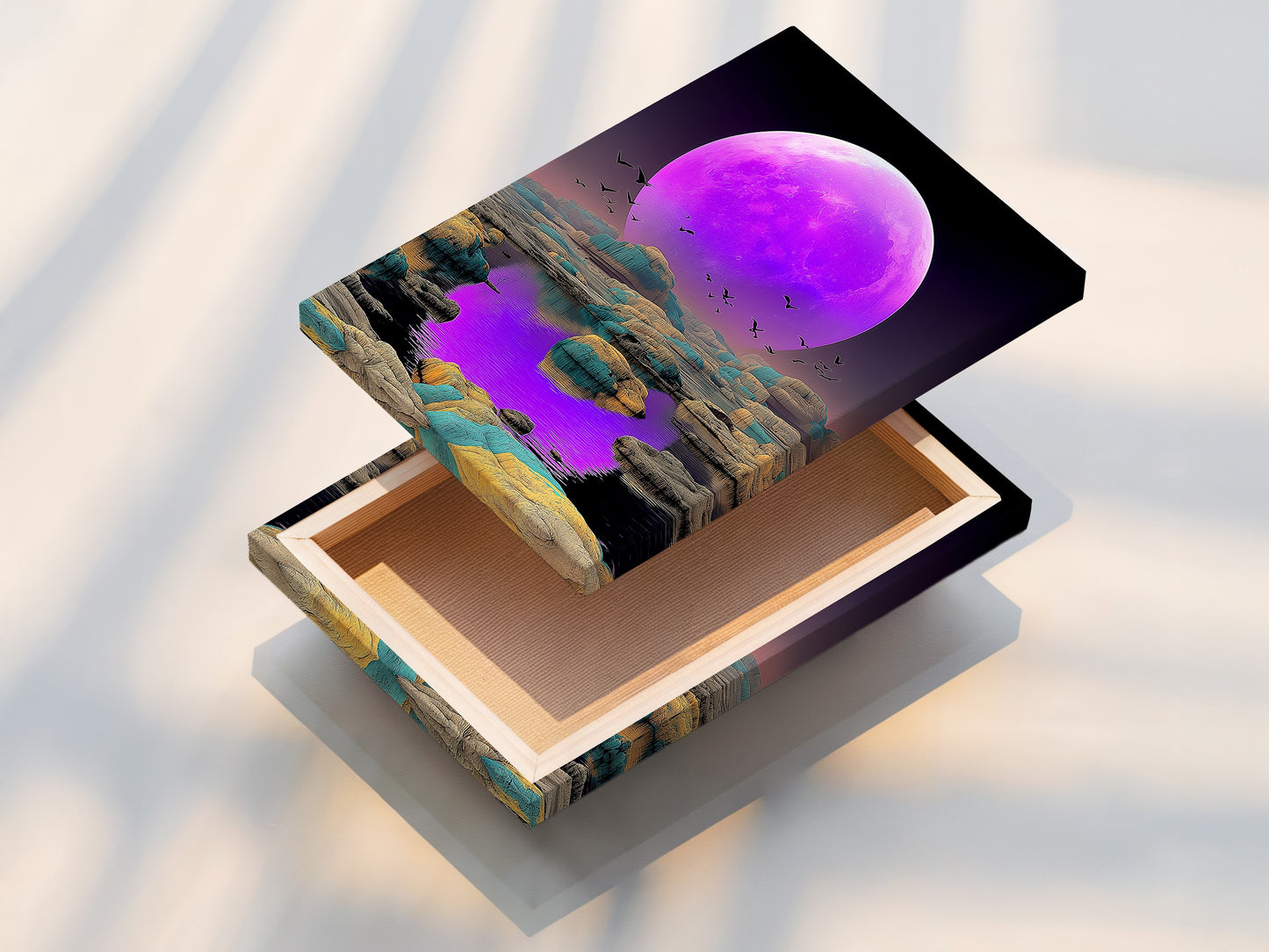 A stretched canvas print displays celestial moon art. This purple lunar landscape is perfect for home decor. Ideal for adding a fantasy touch to your living room or bedroom. Shop modern art today.