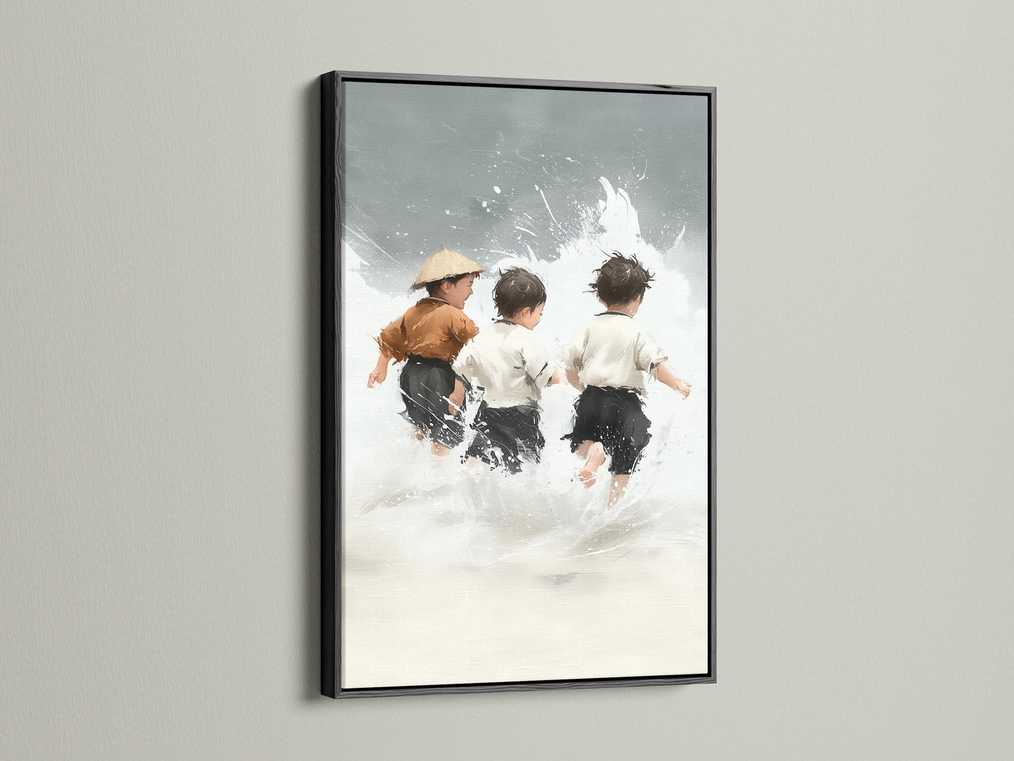 Children at Play artwork with a black frame. A bold and stylish choice. This black frame accentuates the seascape artwork. Ideal for creating a focal point in any room. The contrast enhances the neutral tones. This artwork is perfect for beach house decor. Bring coastal elegance to your walls.