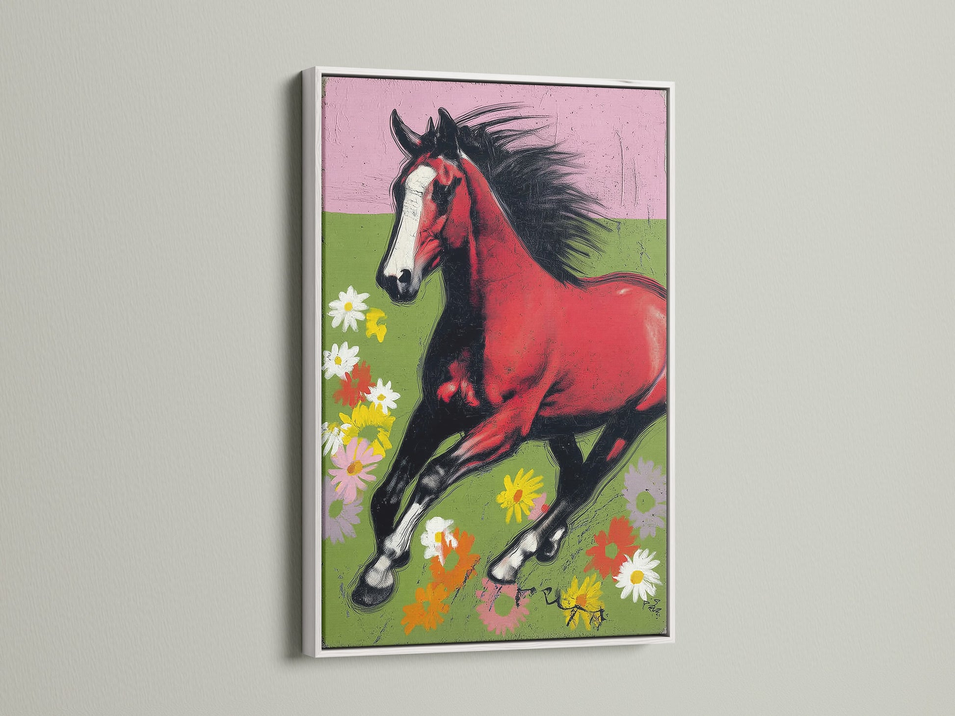 A vibrant red bay horse artwork is elegantly displayed in a white frame. The artwork depicts a horse running through a colorful meadow. The contrast of the white frame makes the art pop. Perfect for adding a touch of rustic elegance to any room. A great gift for horse enthusiasts.