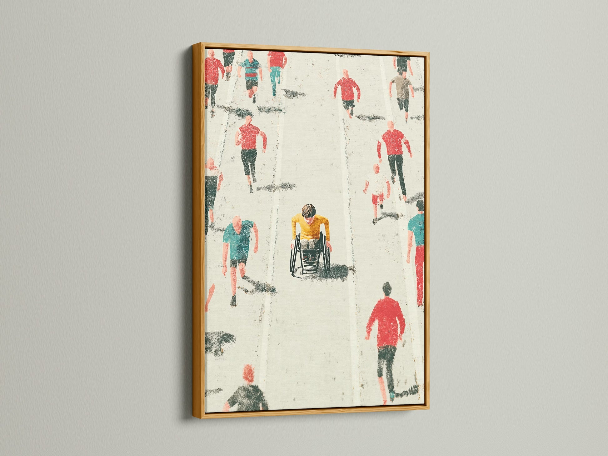 Marathon Runners artwork with a gold frame. The piece showcases a wheelchair racer among other runners. This inspirational artwork adds a touch of elegance to your decor. It is ideal for spaces needing a motivational boost. It is perfect for fitness enthusiasts and athletes.
