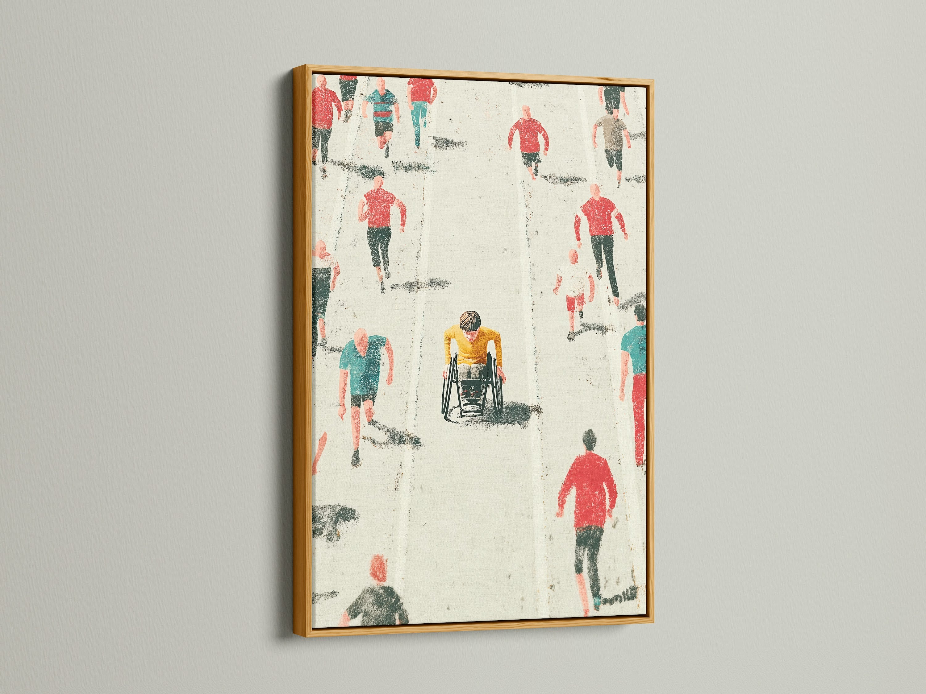 Marathon Runners artwork with a gold frame. The piece showcases a wheelchair racer among other runners. This inspirational artwork adds a touch of elegance to your decor. It is ideal for spaces needing a motivational boost. It is perfect for fitness enthusiasts and athletes.