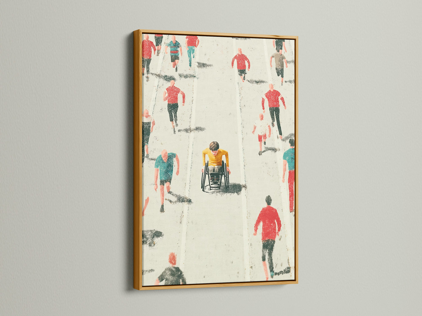 Marathon Runners artwork with a gold frame. The piece showcases a wheelchair racer among other runners. This inspirational artwork adds a touch of elegance to your decor. It is ideal for spaces needing a motivational boost. It is perfect for fitness enthusiasts and athletes.