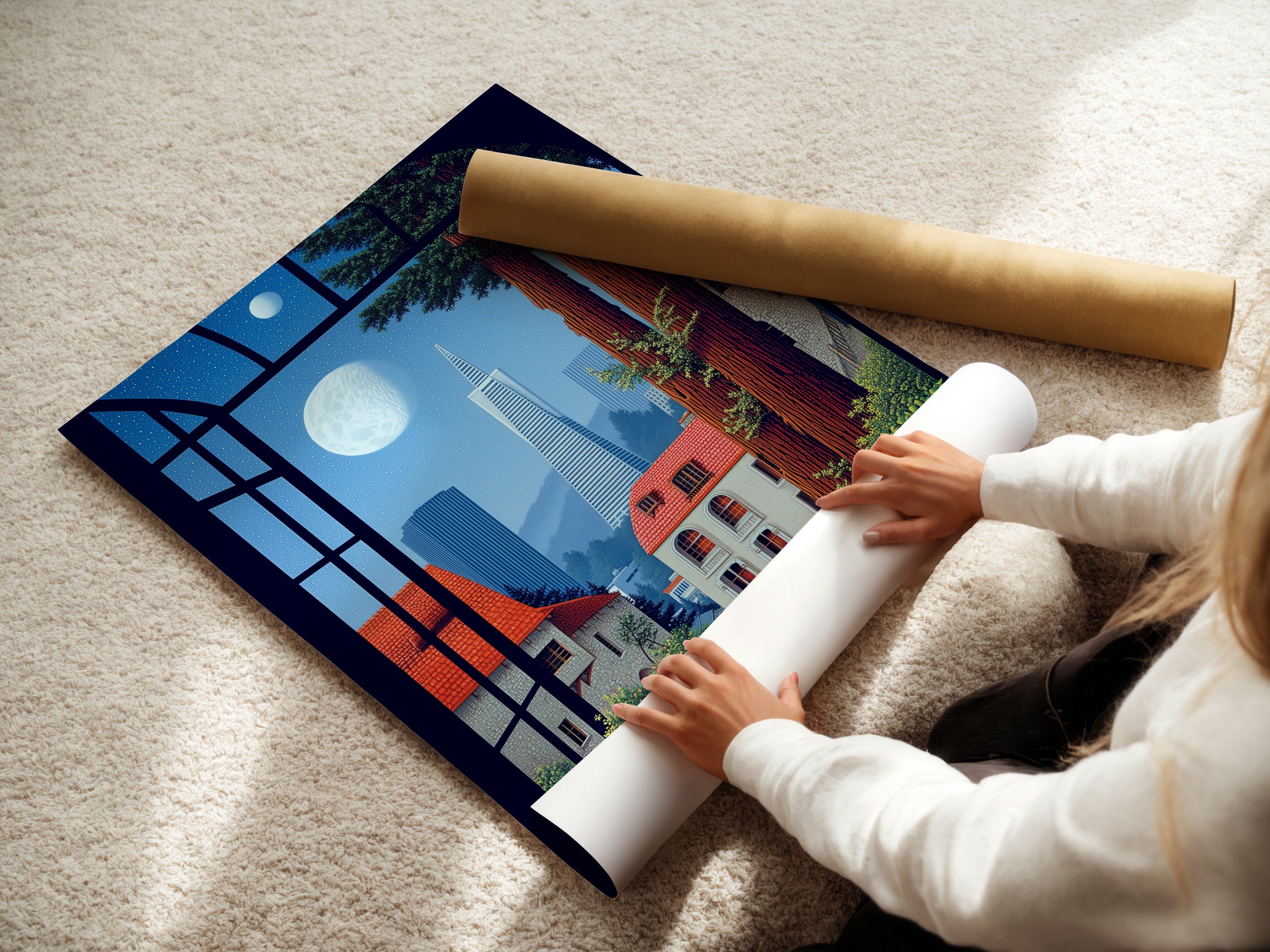 A woman is carefully rolling a fine art poster paper. The poster features a cityscape window view. The delicate handling ensures the artwork remains pristine. High-quality printing enhances the colors and details. Get this art today.