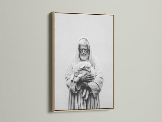 A framed artwork hangs on a light beige wall. The artwork has an oak frame. The frame is thin and modern. The art print is a black and white image of a man holding a lamb. Decorate your space with this classic artwork.
