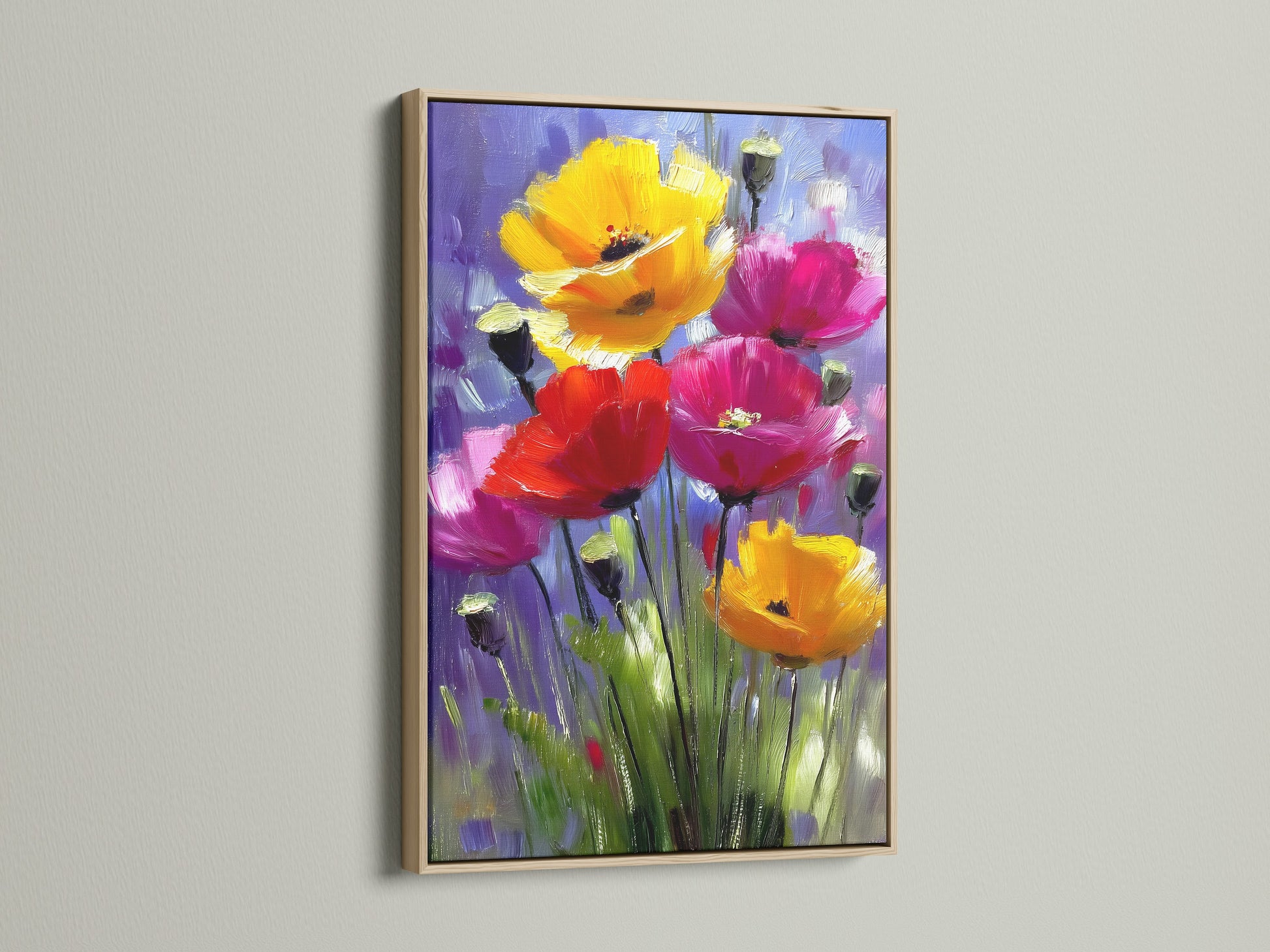 Artwork featuring vibrant flowers in a oak frame. The light wood grain enhances the art. Discover the beauty of oak frames for your cherished prints. It brings a natural touch to any room's decor.