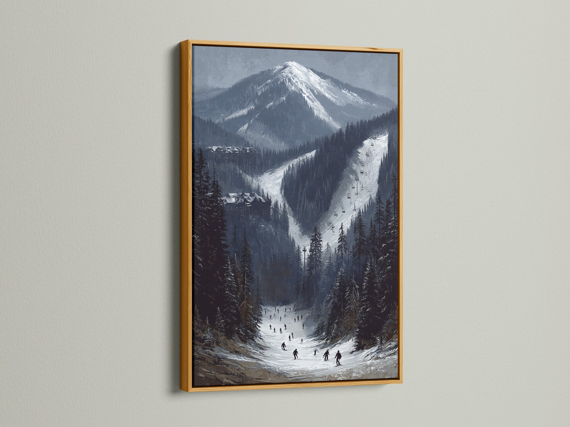 Ski resort mountain canvas print in a gold frame. This alpine winter landscape artwork adds elegance to your space. The snow covered peaks evoke the spirit of a ski slope. Enhance your cabin wall decor with this art.