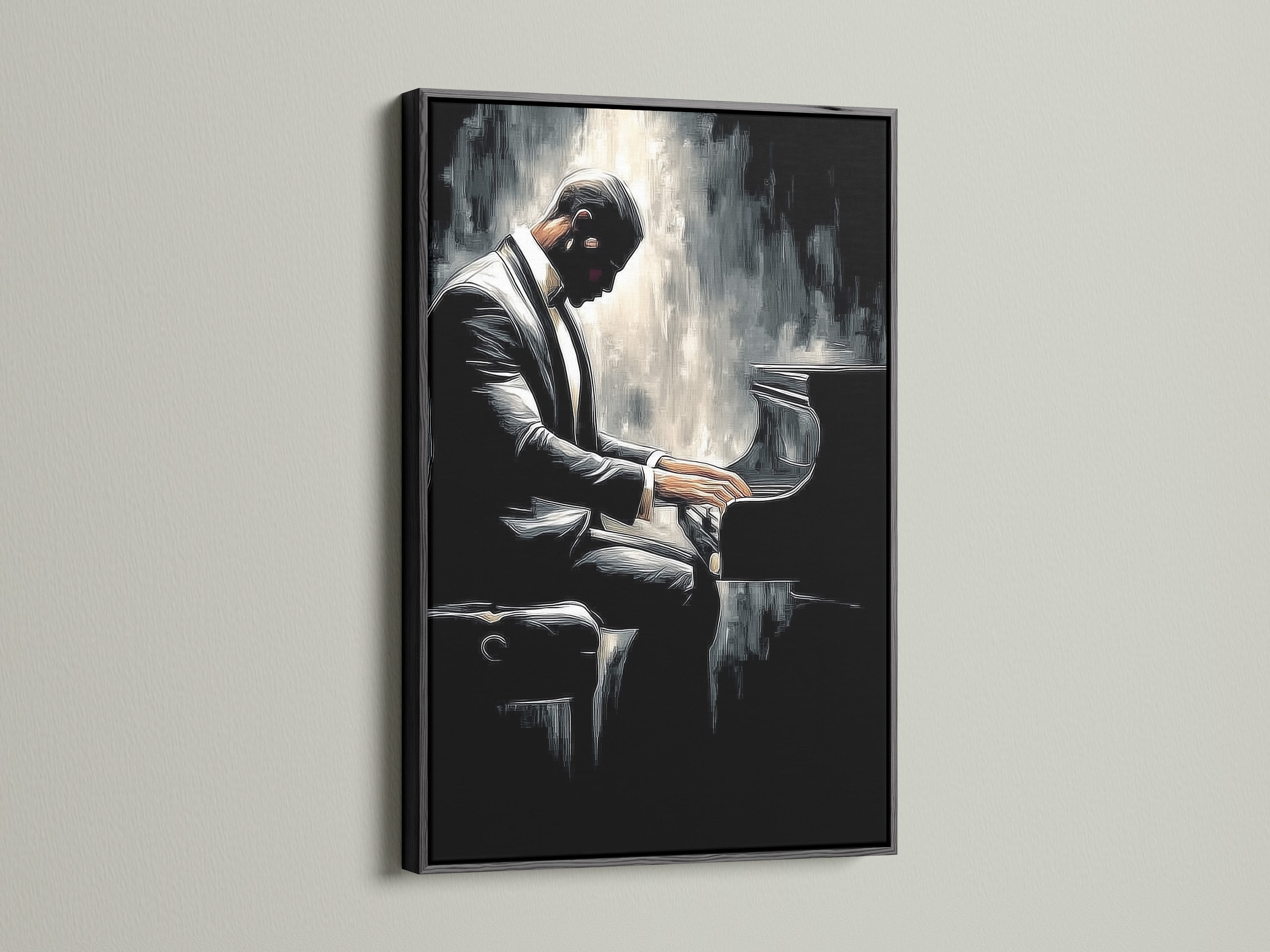A framed piano player artwork is displayed. The frame is black. This music wall decor is perfect for living rooms. It also works well in music rooms. Elevate your decor with this fine art piece. The artwork fits various interior styles.
