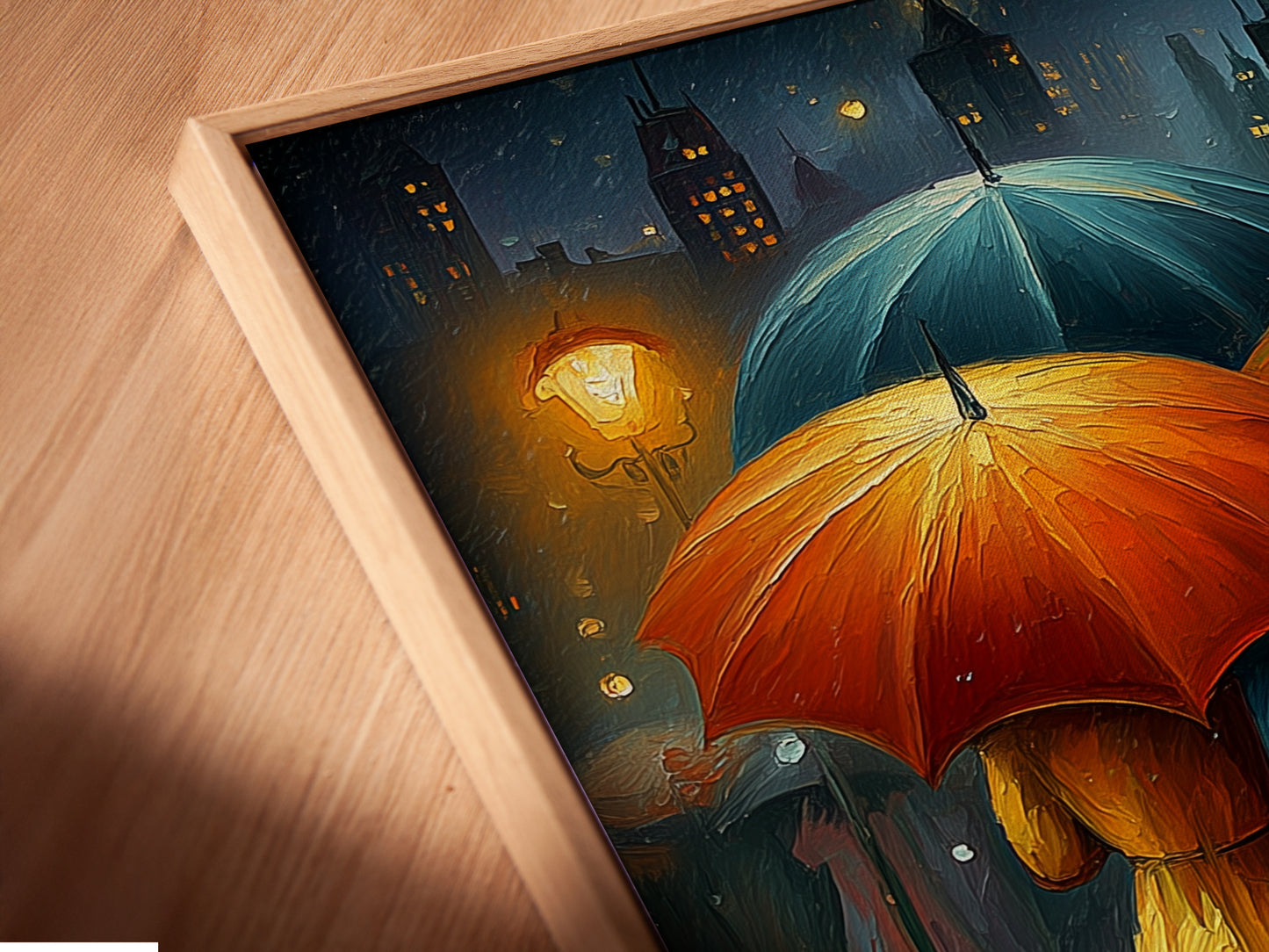 A close-up view of the canvas print in a floating frame. The Rainy City artwork features an impressionist style. The people with umbrellas create a captivating scene. This print is perfect for modern wall decor.