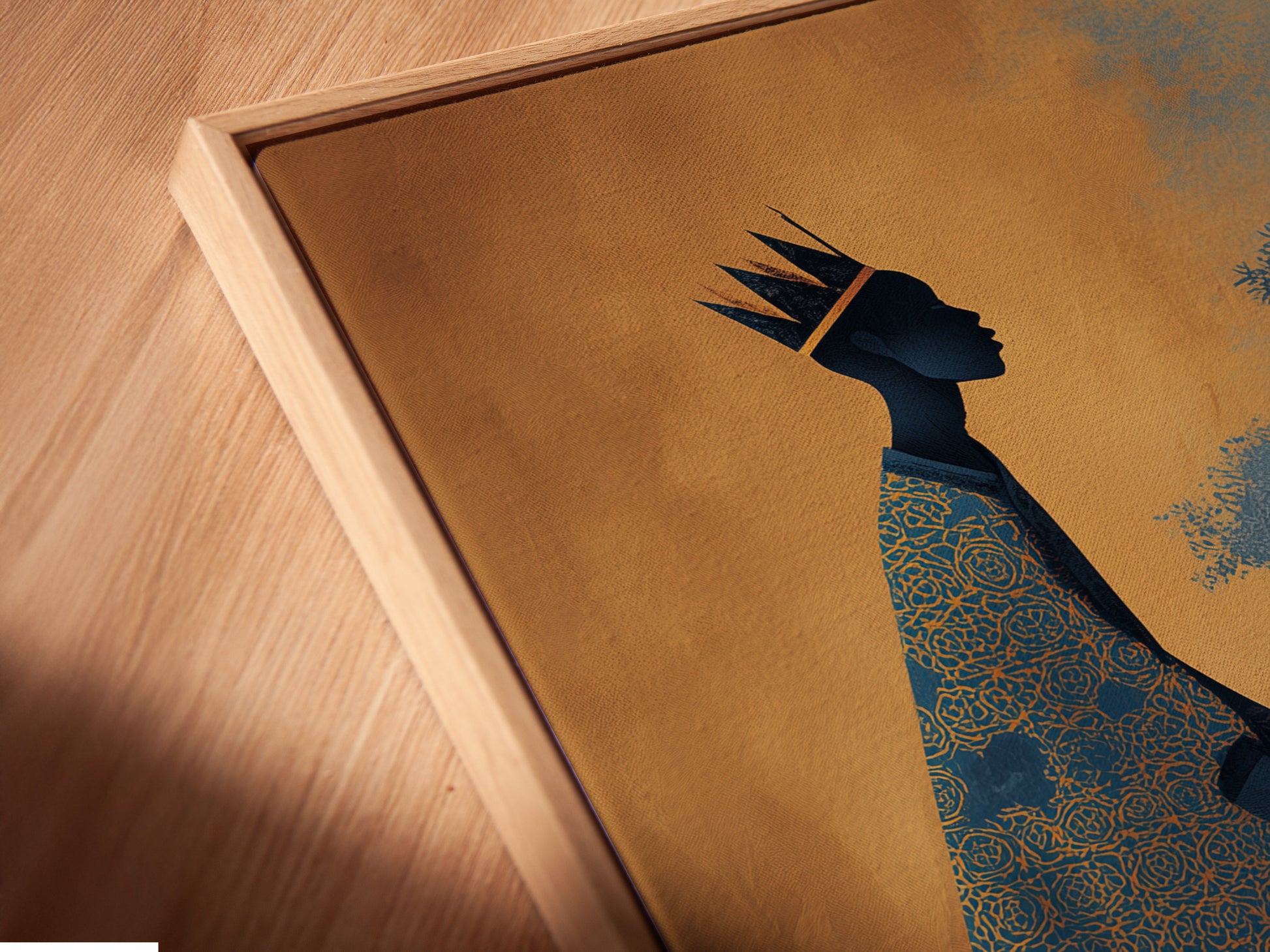 A close up shot reveals a canvas print floating frame. The frame adds depth and dimension to the artwork. Notice the high quality of the print and the frame's sleek profile. This framing style offers a modern and sophisticated look. The artwork looks stunning