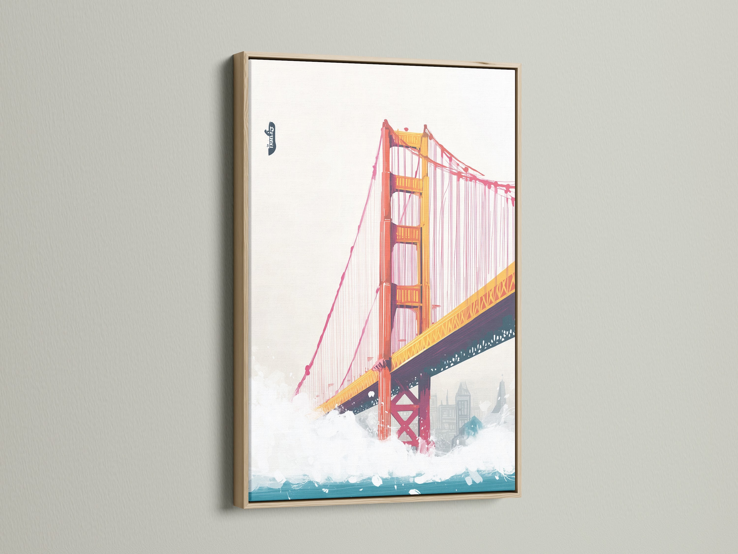 Close-up of an oak frame showcasing the natural wood grain. This frame beautifully complements San Francisco artwork. The Golden Gate Bridge artwork looks stunning in this oak finish. Order yours today to enhance your art.