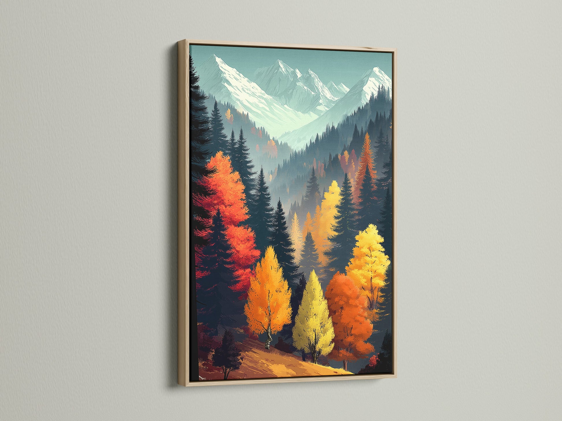 Autumn Forest canvas print framed in oak. The mountain landscape wall art showcases vibrant fall colors. A beautiful nature print ideal for adding warmth to your home. It provides a scenic view that complements modern and eclectic interior styles.