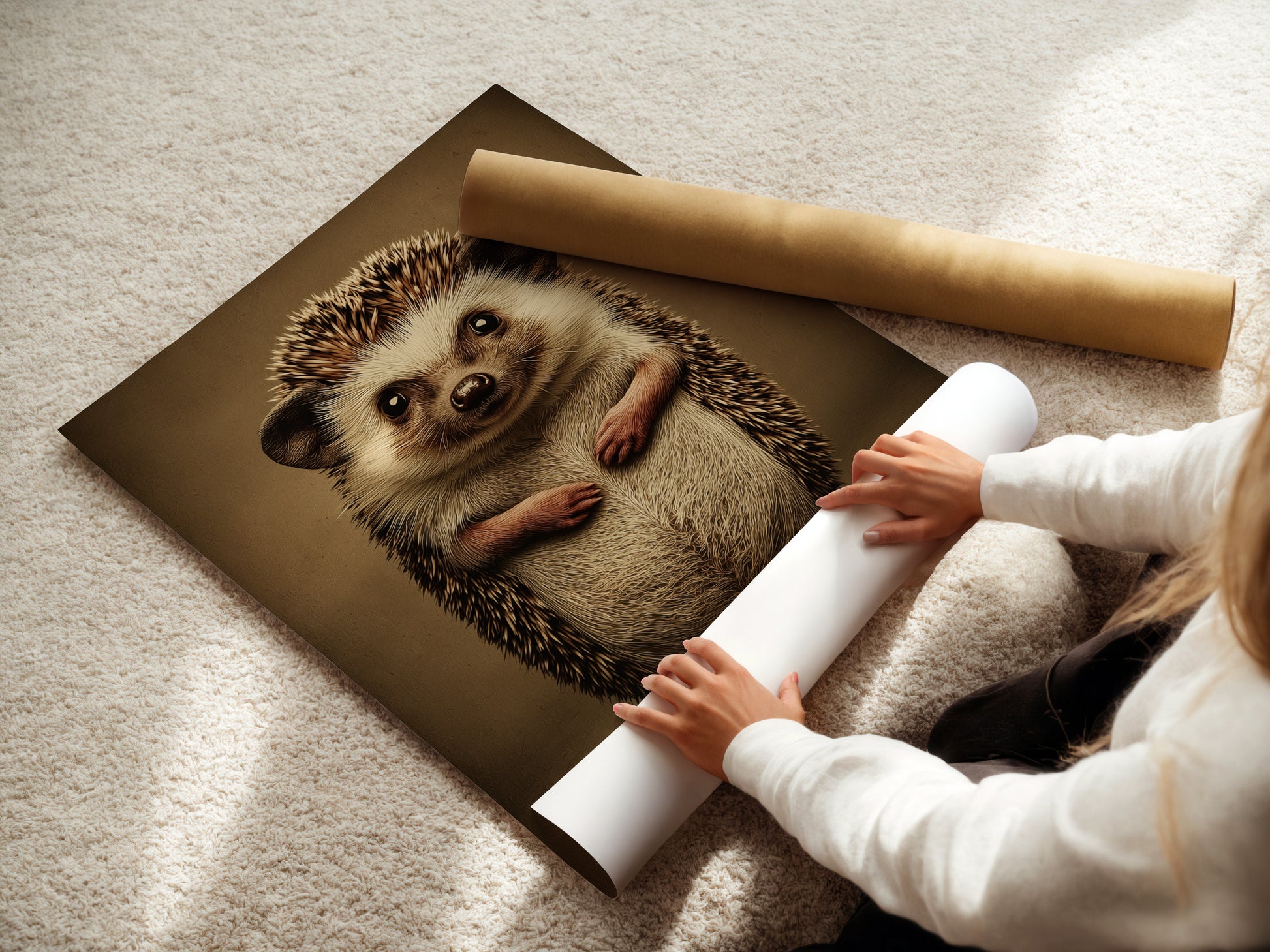 A woman rolling a fine art poster paper. Our art is made with high-quality material. This is a great option for your hedgehog art print. Get your cute animal art today. Perfect for a nursery.