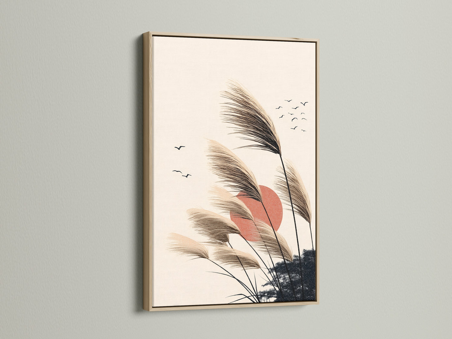 Pampas Grass artwork in an oak frame. This minimalist nature artwork adds a touch of bohemian elegance. Ideal for bedroom wall decor or living room art. The sunset canvas features neutral colors. This makes it a versatile piece for any home. Perfect for interior stylists seeking scandi art.