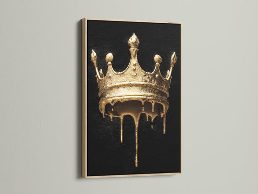 Melting Crown artwork with an oak frame. The artwork features a gold melting crown on a black background. This gothic wall art will add a touch of luxury to your home. Perfect for living rooms bedrooms and offices.