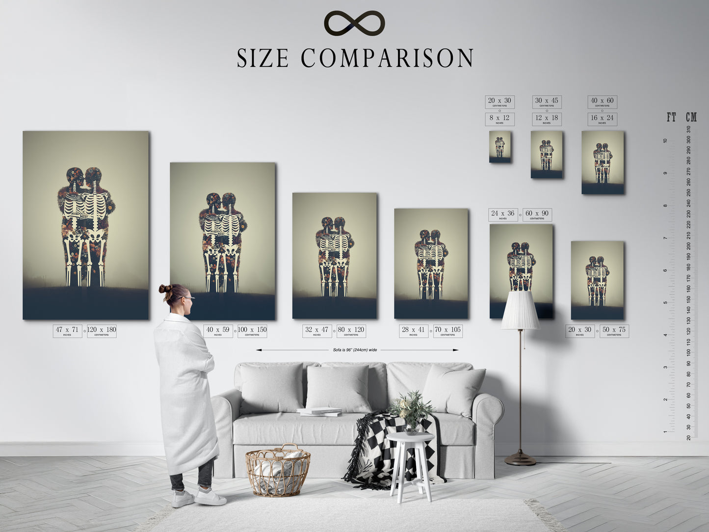 Size comparison chart featuring the Floral Skeleton artwork. See how this gothic wall art fits in any interior. Perfect for study room decor. The flower skeleton art is available in multiple sizes.