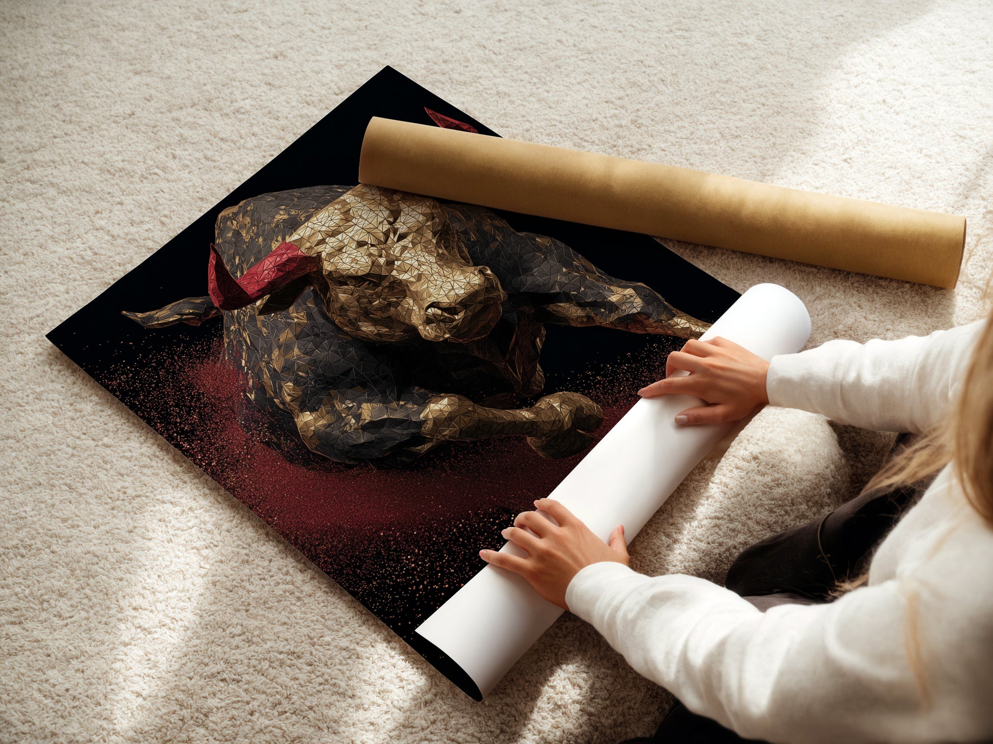 A woman is rolling a fine art poster paper. The fine art poster paper is high quality. Perfect art to showcase in your home or office. Great art for any room in the house. Add some art to your life.