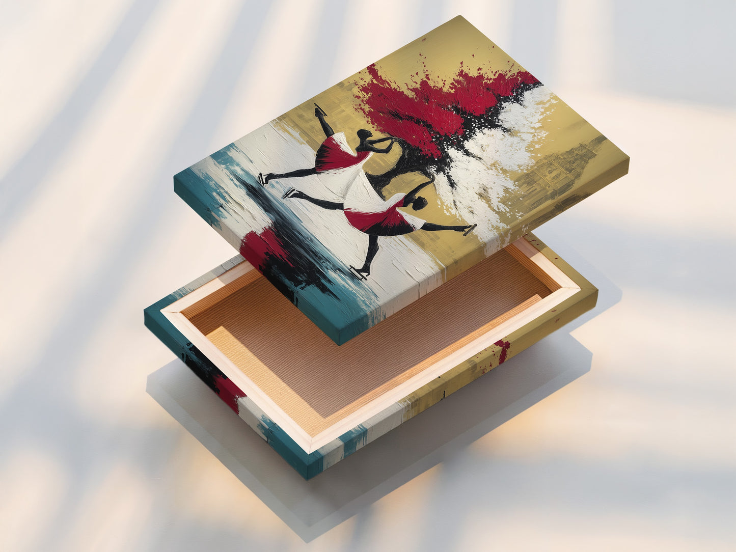 Stretched canvas print featuring ballet dancers. This modern artwork is ready to hang. The canvas is stretched to perfection. It offers a clean and contemporary look. Perfect for adding a touch of elegance to any room. Enjoy high-quality art.