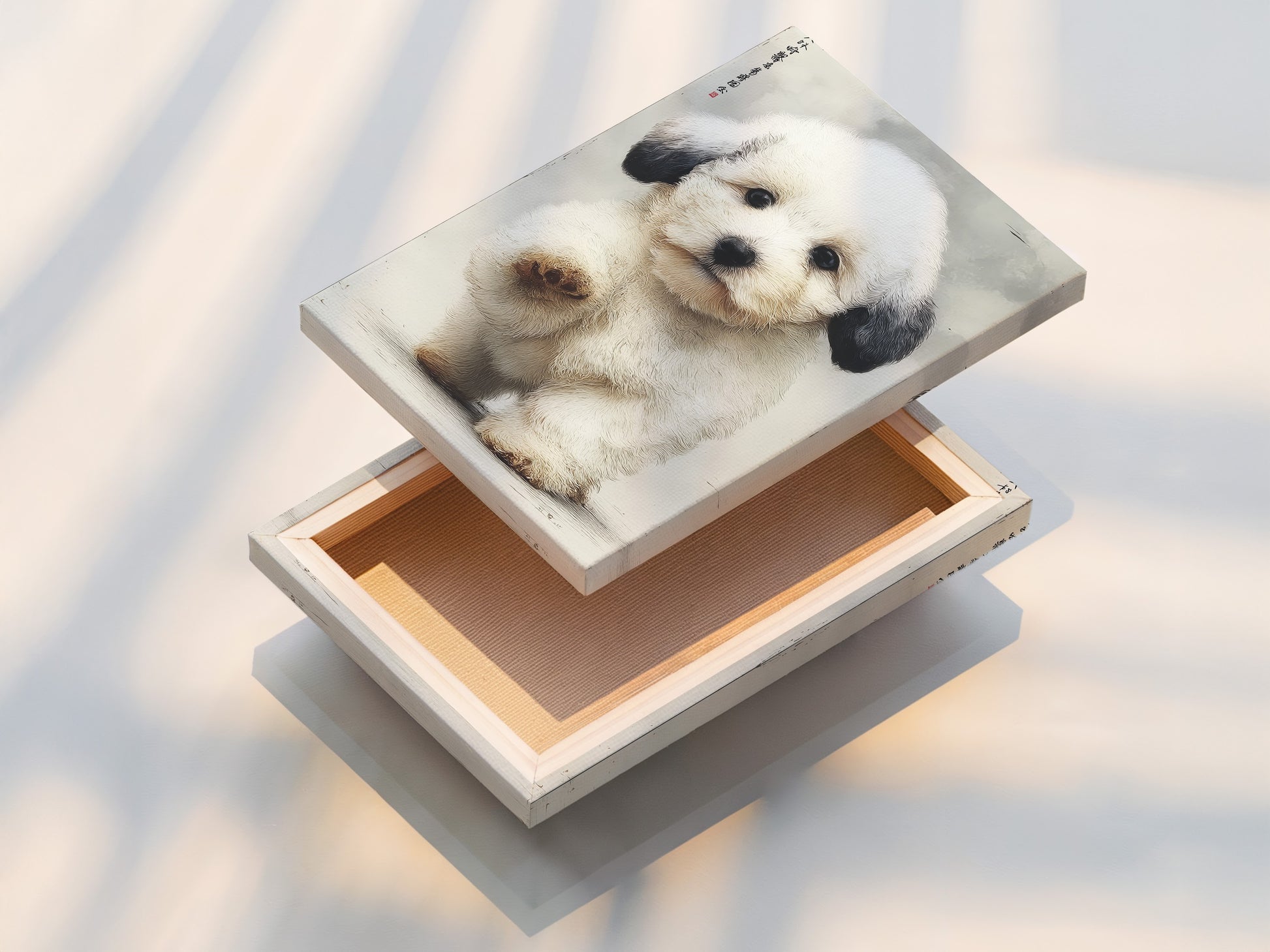 This is a stretched canvas print featuring cute puppy artwork. The adorable dog canvas is ready to hang and adds charm to any room. This Japanese art style pet portrait is perfect for nursery wall art. It is a delightful addition to kids room decor and complements contemporary styles.