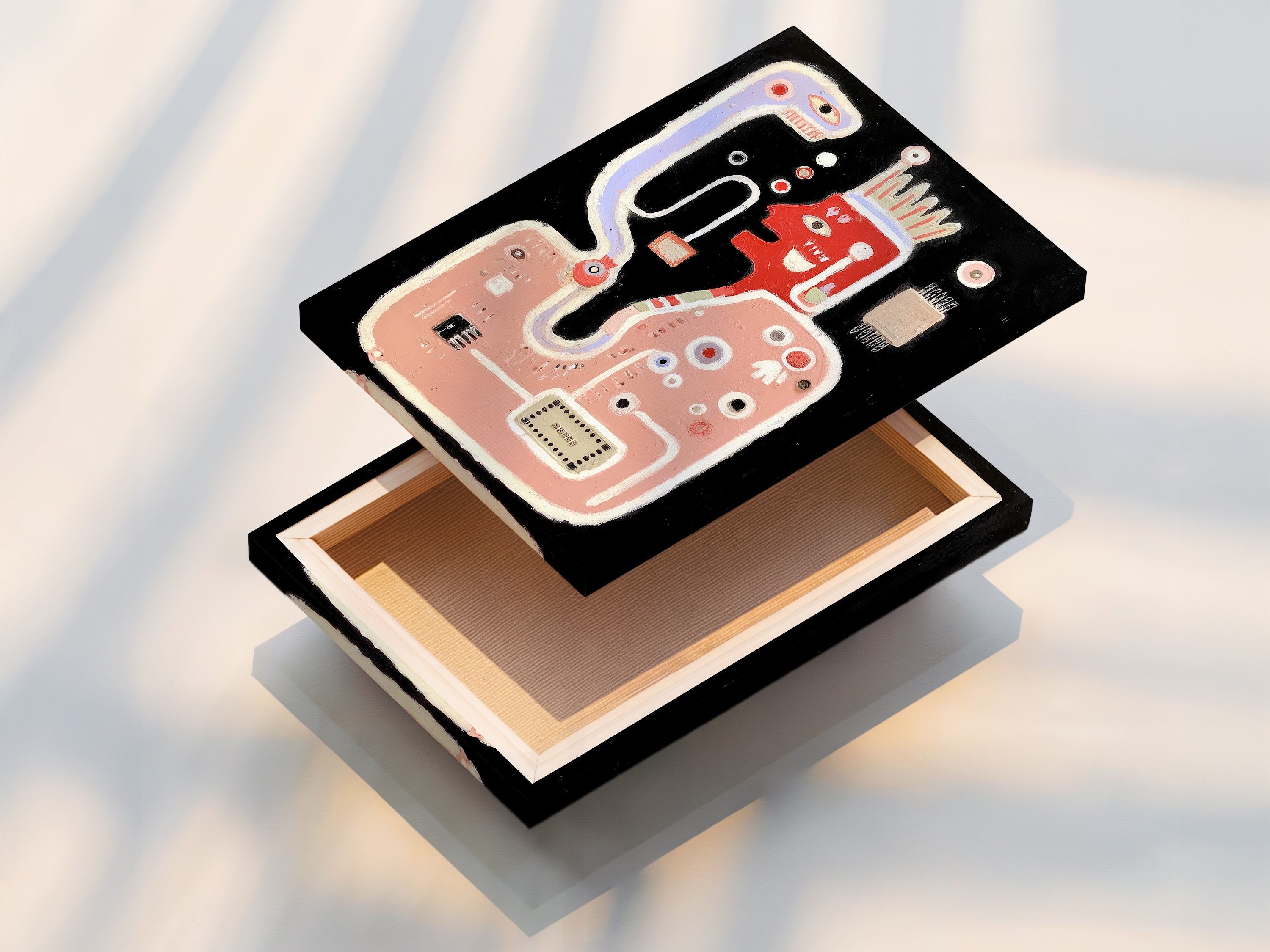 A stretched canvas print displays abstract monster art. This contemporary artwork is ready to hang. It brings a playful touch to any room. Consider this for bedroom wall decor. The quirky wall art is perfect for any space.