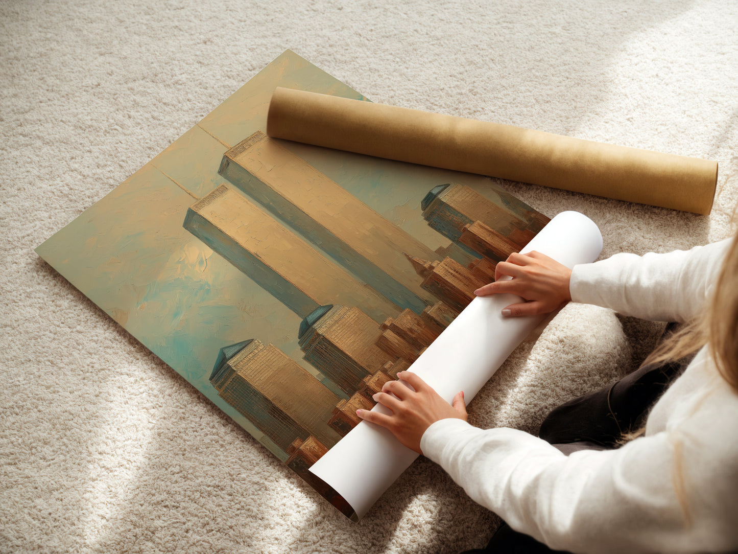 A woman carefully rolling a fine art poster paper. The paper displays a vintage Manhattan cityscape with the NYC Skyline and Twin Towers. High-quality print ensures the artwork's longevity. Ideal for collectors and art enthusiasts.