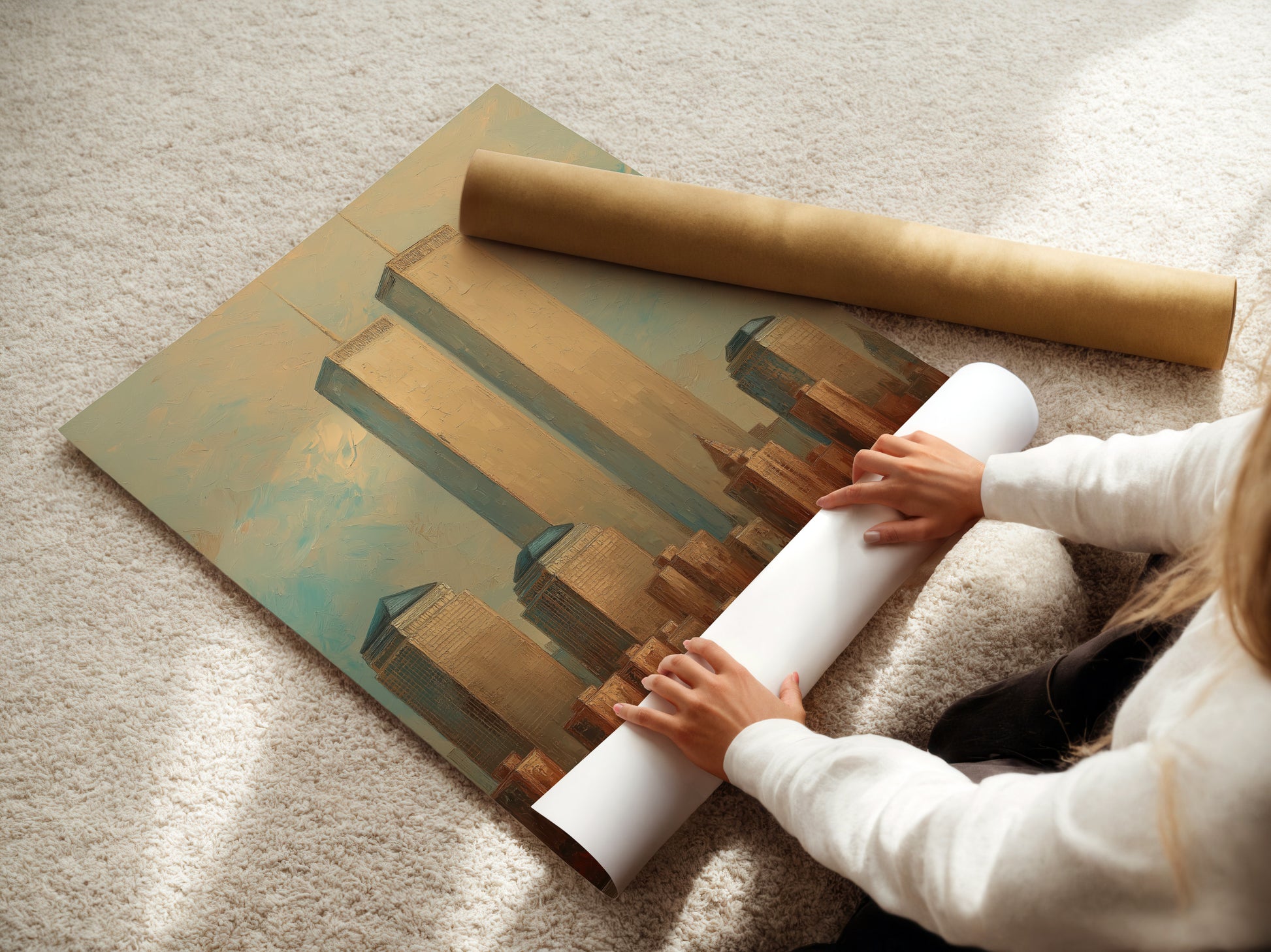 A woman carefully rolling a fine art poster paper. The paper displays a vintage Manhattan cityscape with the NYC Skyline and Twin Towers. High-quality print ensures the artwork's longevity. Ideal for collectors and art enthusiasts.