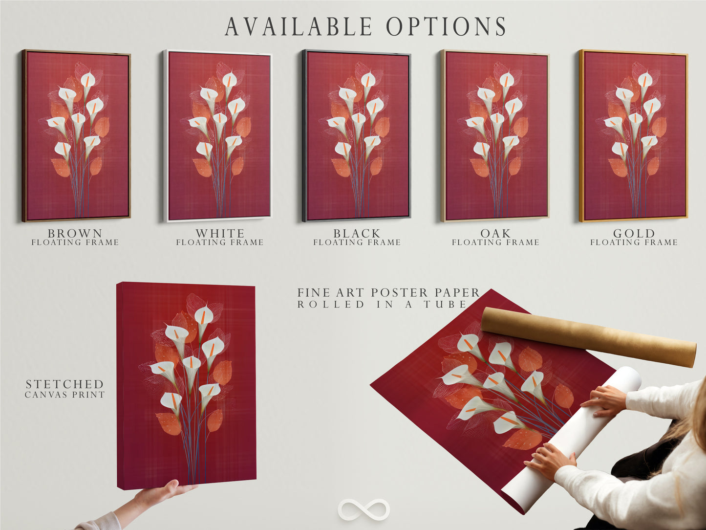 Explore available options for the calla lily artwork. Options include stretched canvas prints fine art poster paper and floating frames. Customize your botanical decor to suit your style. Find the perfect format for your floral artwork.