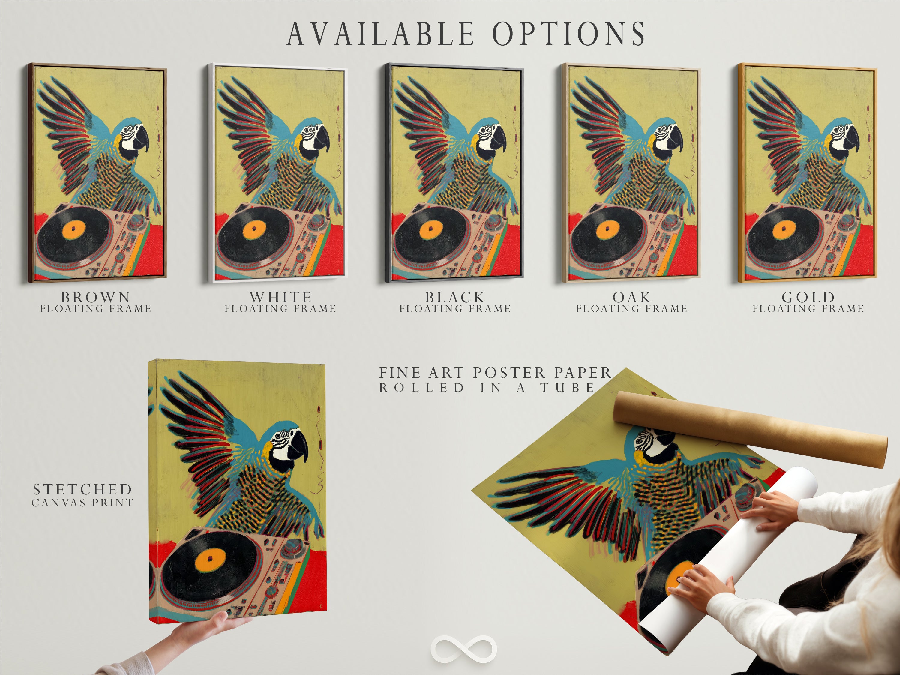 Available options are displayed: stretched canvas print fine art poster paper and floating frame. Choose your preferred format for the parrot DJ artwork. Customize your art to match your style. Explore all options now.