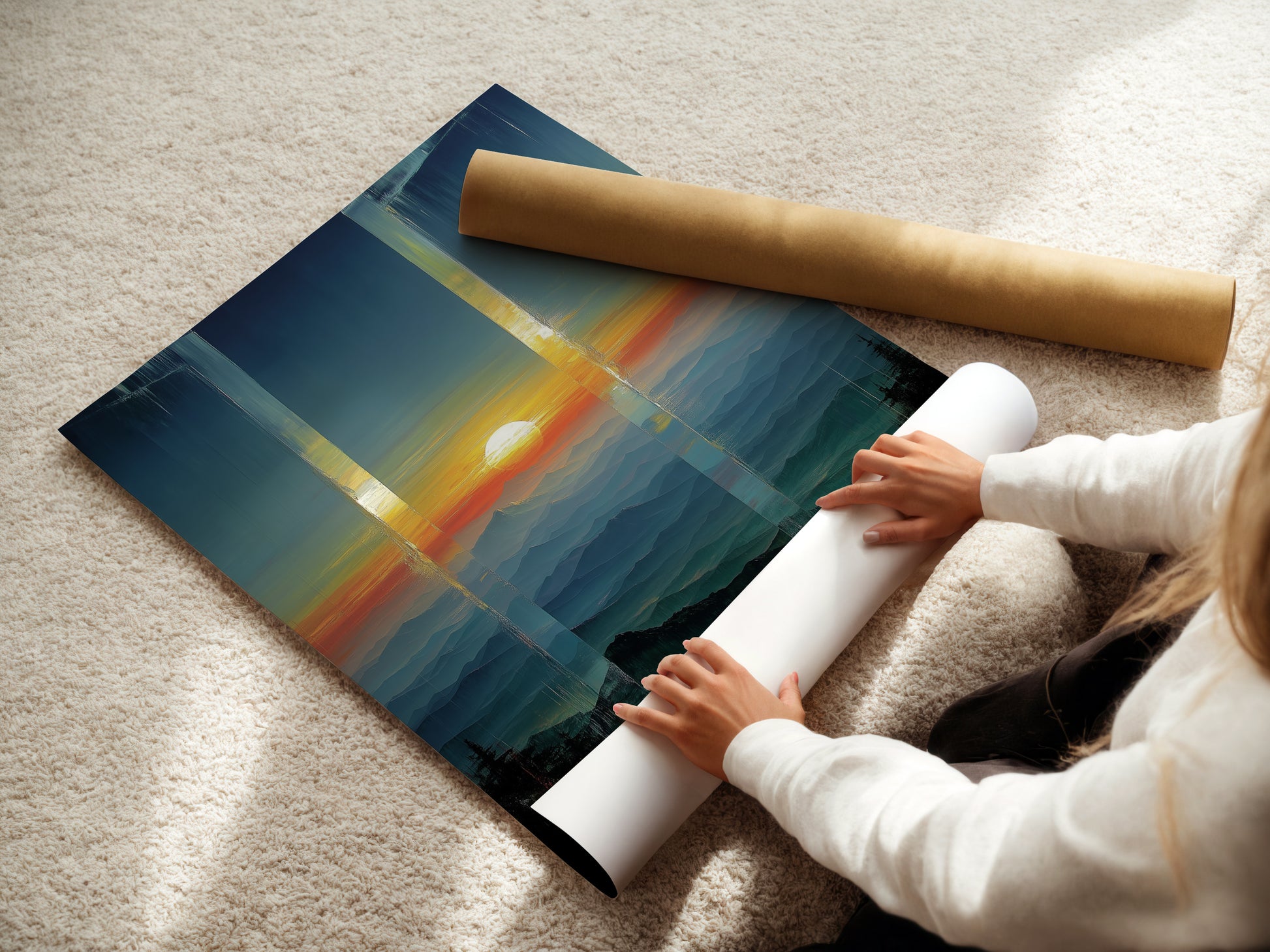 A woman is carefully rolling a fine art poster paper. This ensures the landscape print remains pristine. The teal and orange colors are vibrant and protected. Perfect for preserving your modern artwork.