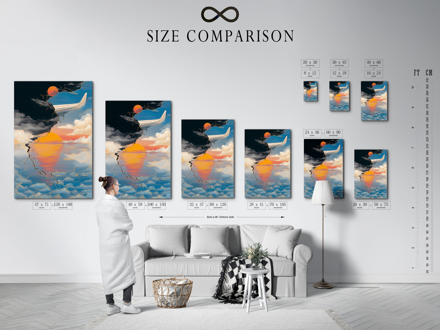 Size comparison chart in an interior setting. The aviation travel poster is available in various sizes. Find the perfect fit for your space. The abstract sunset wall art is versatile.