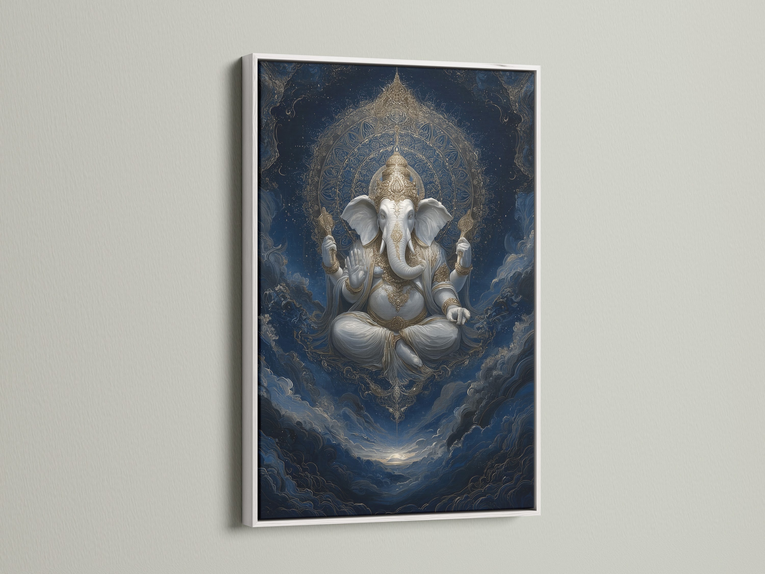 Ganesha artwork with a white frame. This sacred art print brings Indian mythology to life. It's ideal for a yoga studio or home decor. The elephant god art adds a minimalist yet spiritual touch to your space.