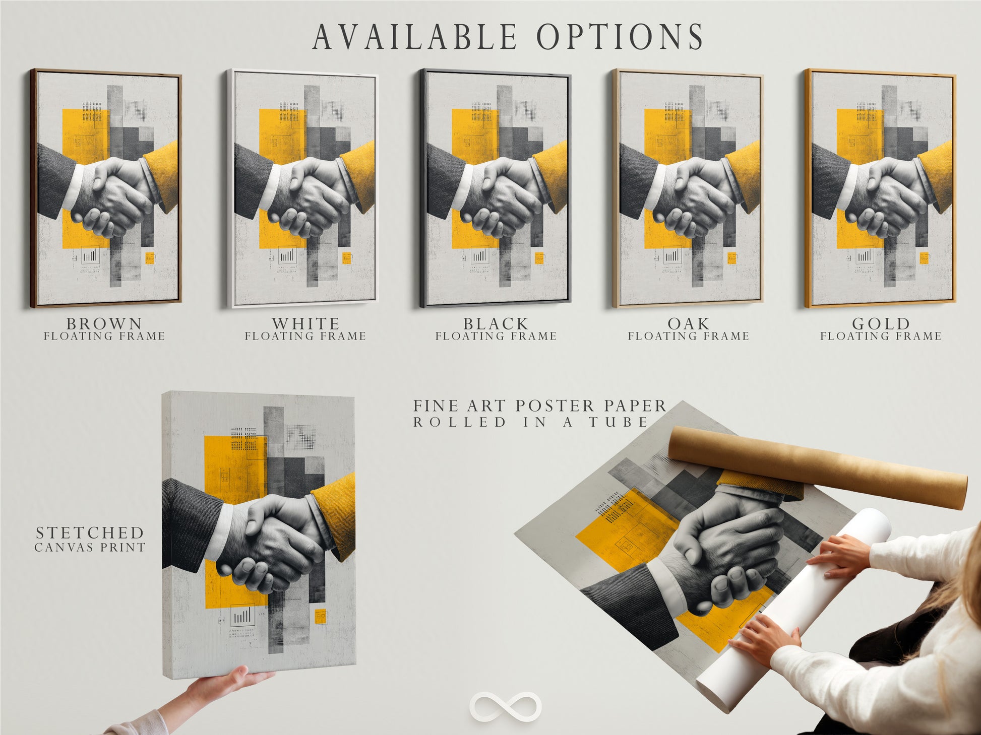Available options for the Business Handshake Art Print. Choose from a stretched canvas print fine art poster paper or a floating frame. This modern corporate artwork enhances any office space. Find the perfect style for your decor.