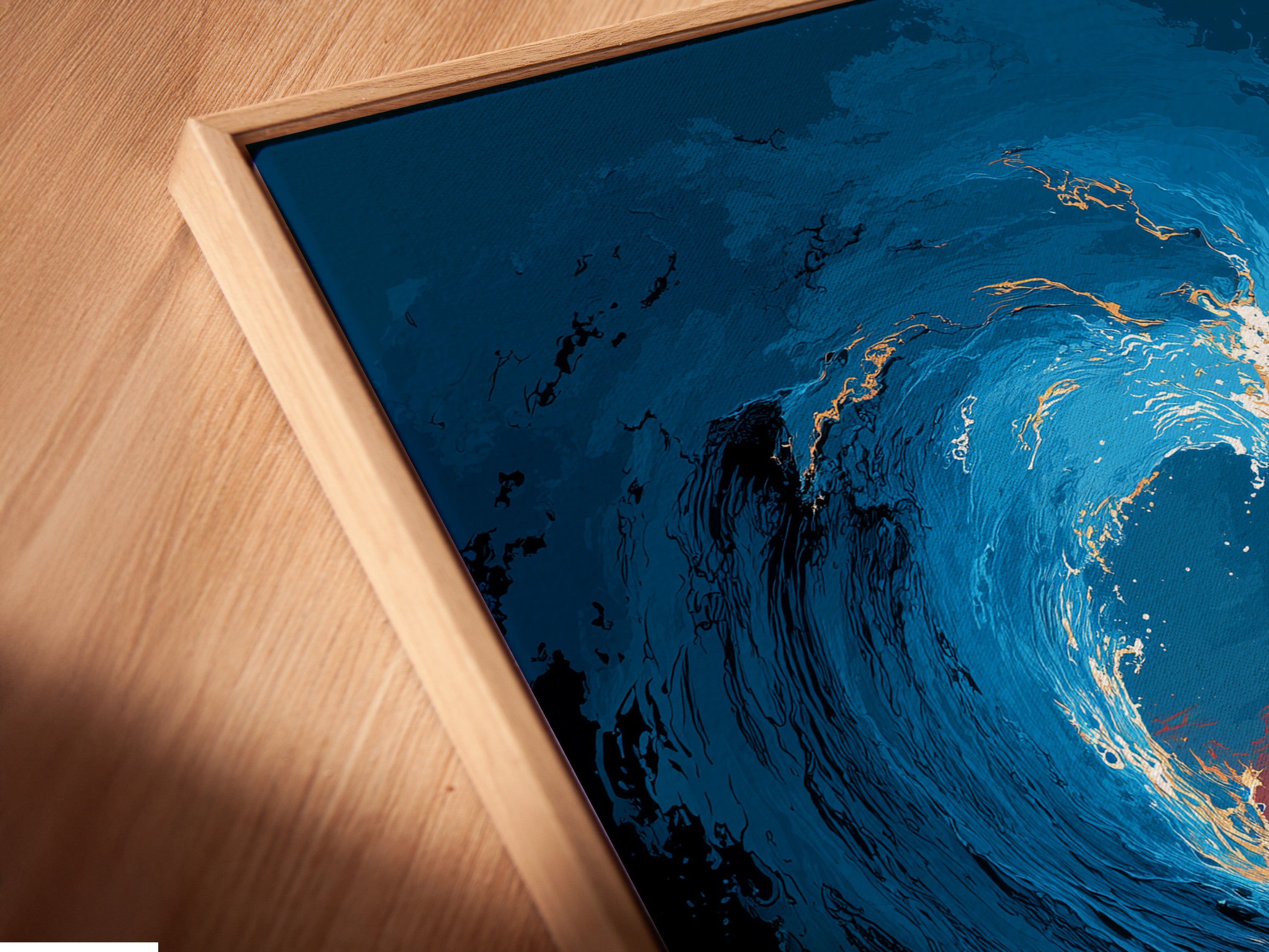 A close-up angled view of a canvas print in a floating frame. The artwork displays an ocean wave with the NYC skyline. The floating frame enhances the modern aesthetic of this seascape canvas. Perfect for adding a contemporary touch to your decor.