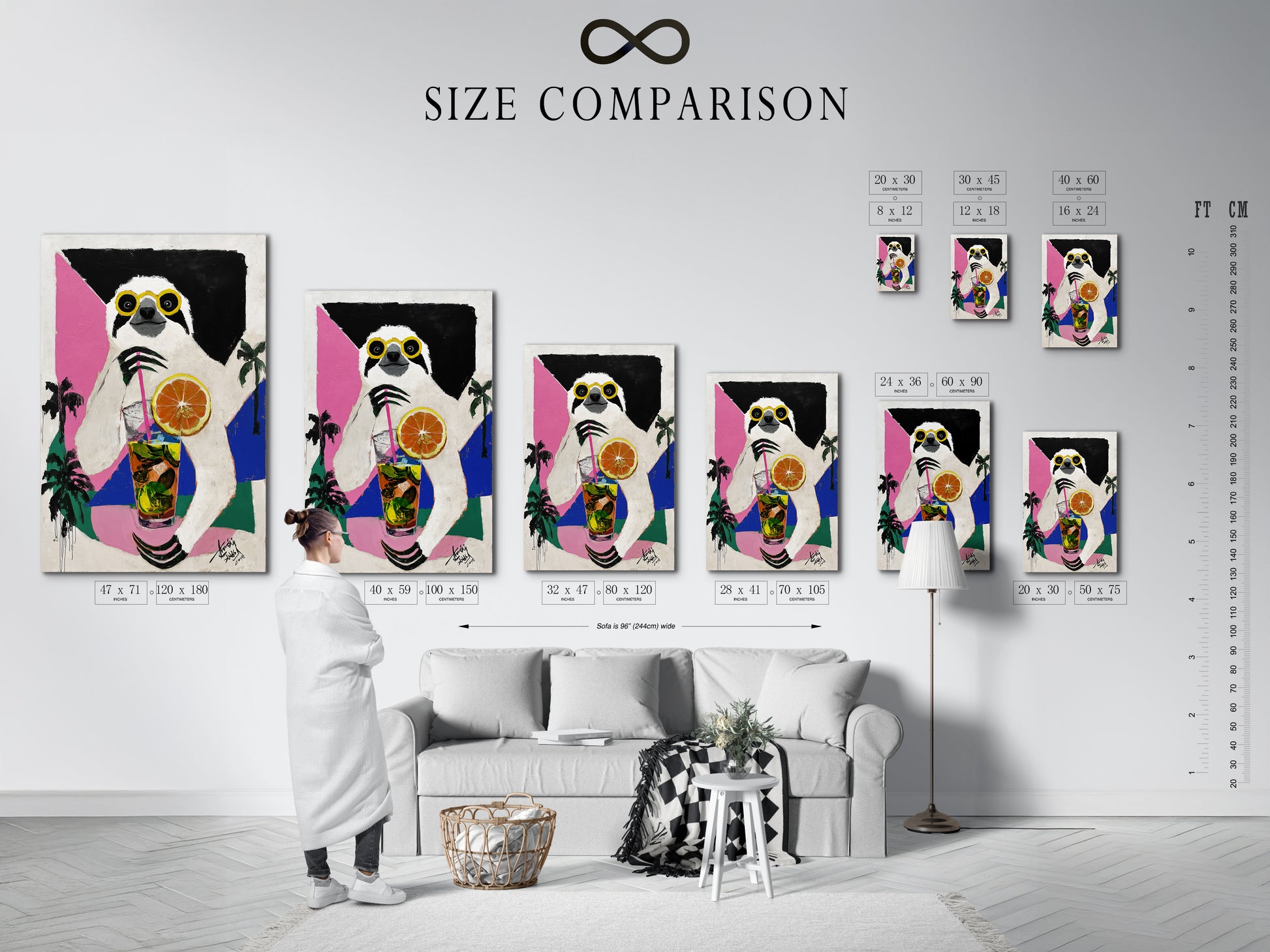 Size comparison chart in an interior setting. See how this Sloth Cocktail artwork fits in various spaces. This tropical animal art is available in multiple sizes. Find the perfect fit for your kitchen bar or living room decor.