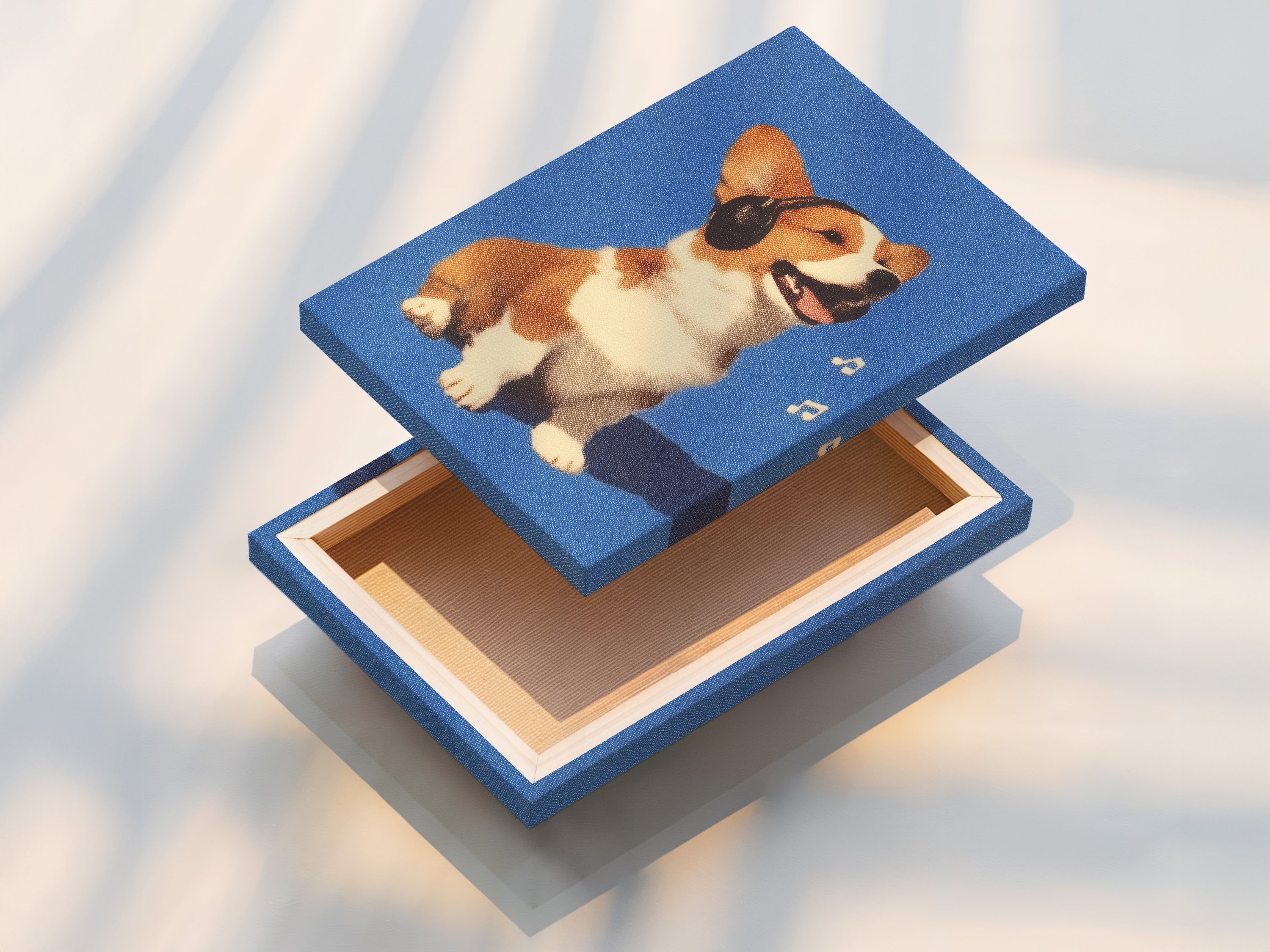 Stretched canvas print of Corgi Music Artwork Print. Dog listening to headphones canvas wall art. A blue pet portrait for office wall decor. Ideal for dog lovers seeking unique wall art. Appreciate a touch of whimsy in your home.