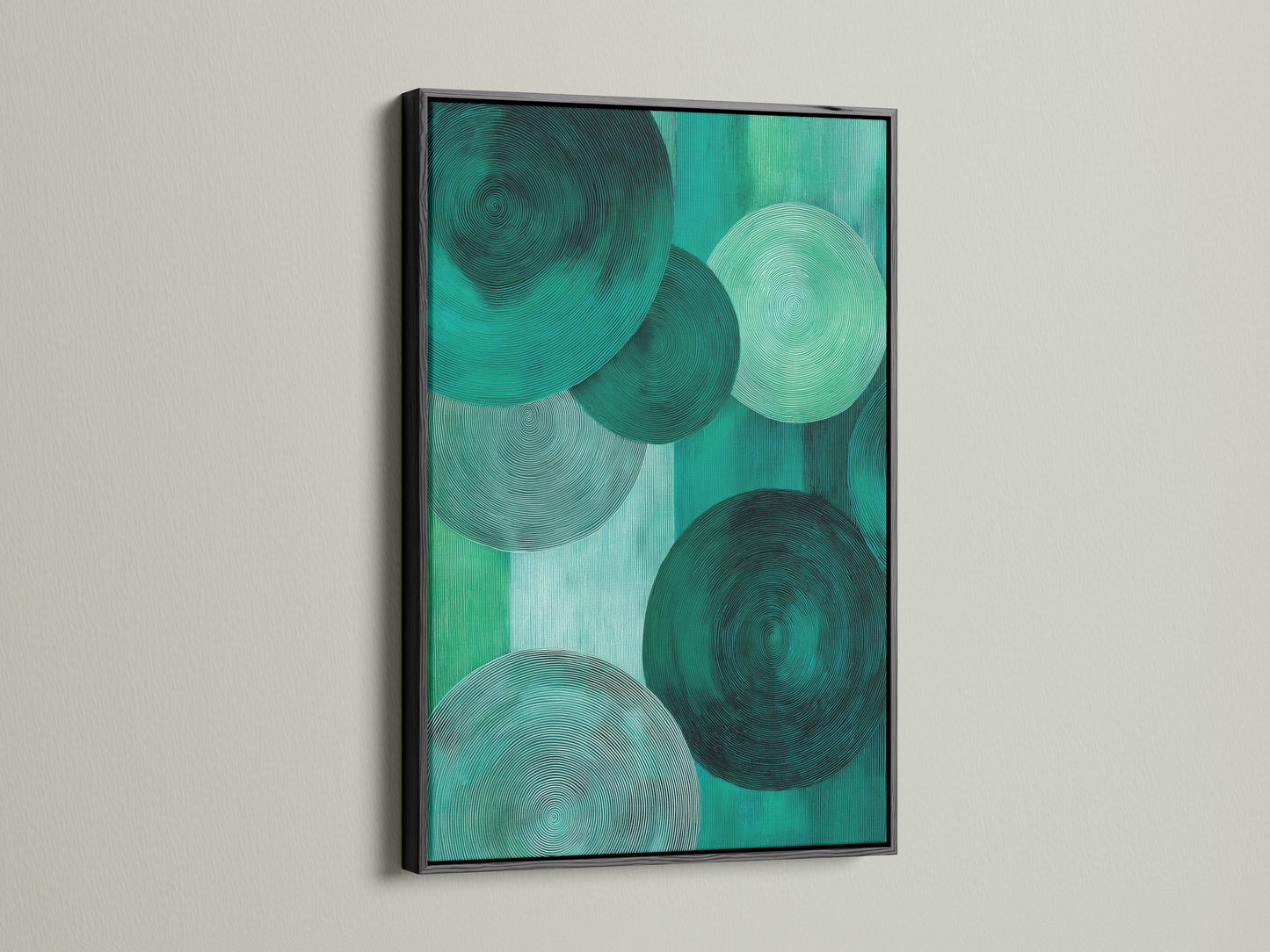 A black frame showcases emerald green abstract art. The modern geometric circle canvas print offers contemporary flair. It provides a sophisticated touch to your space. This artwork is ideal for green abstract art lovers.