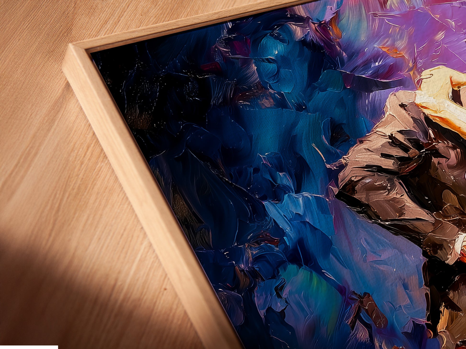 This is a close-up of a canvas print. It is displayed in a floating frame. The frame creates a unique visual effect. Experience artwork in a floating frame. Explore our collection today.