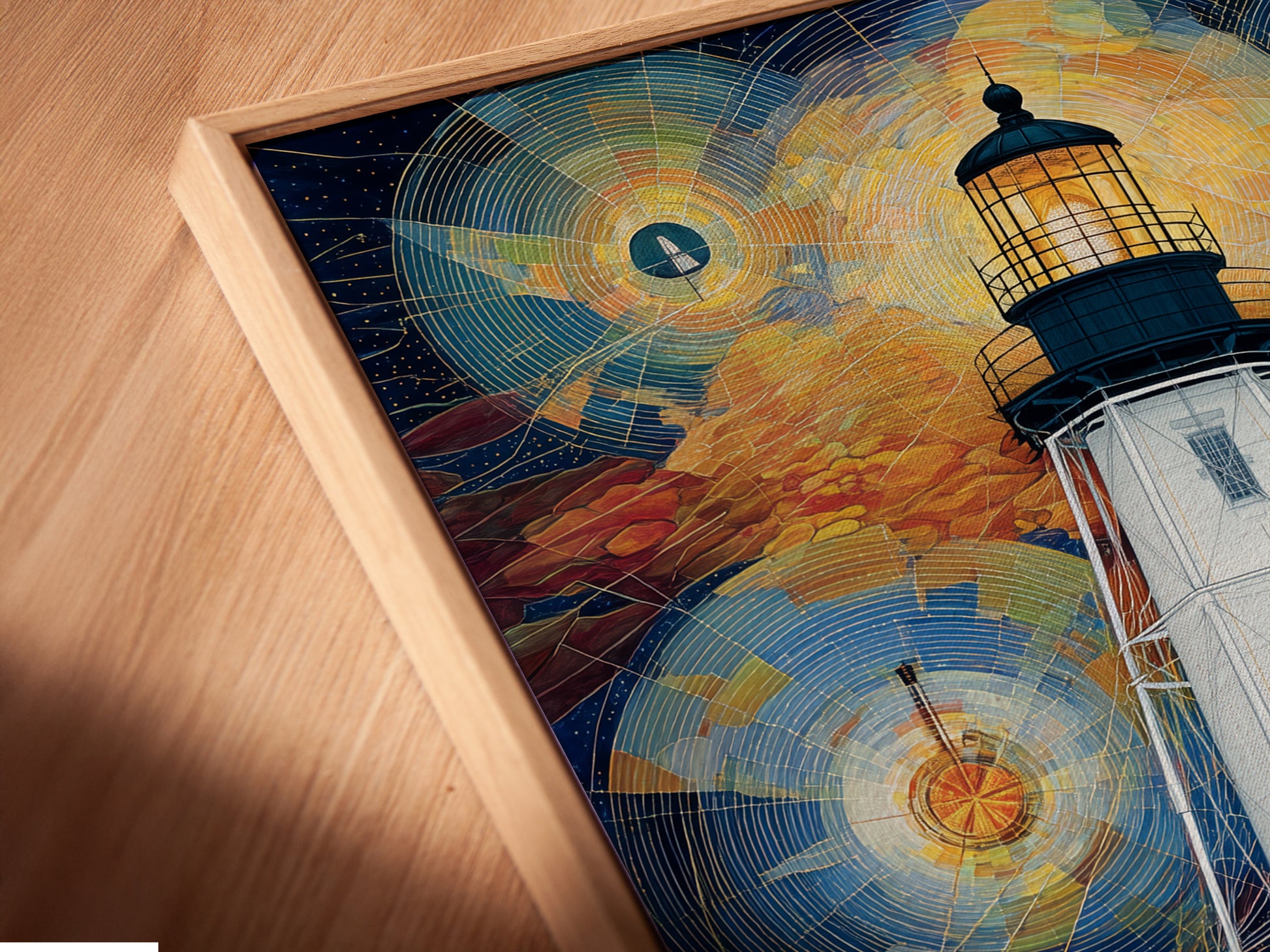 Close-up of a canvas print in a floating frame. The artwork is a lighthouse geometric sky print. The floating frame gives the art a modern and sophisticated look. This coastal artwork is ideal for nautical home decor. It is perfect for minimalist and Scandinavian styles.
